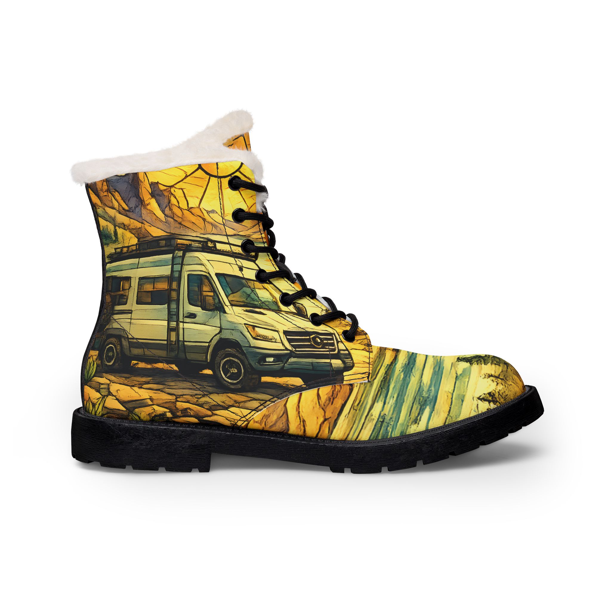 Men's Fur and Leather Boots — Mercedes Camper Van Wilderness Print (Cubic-Line)