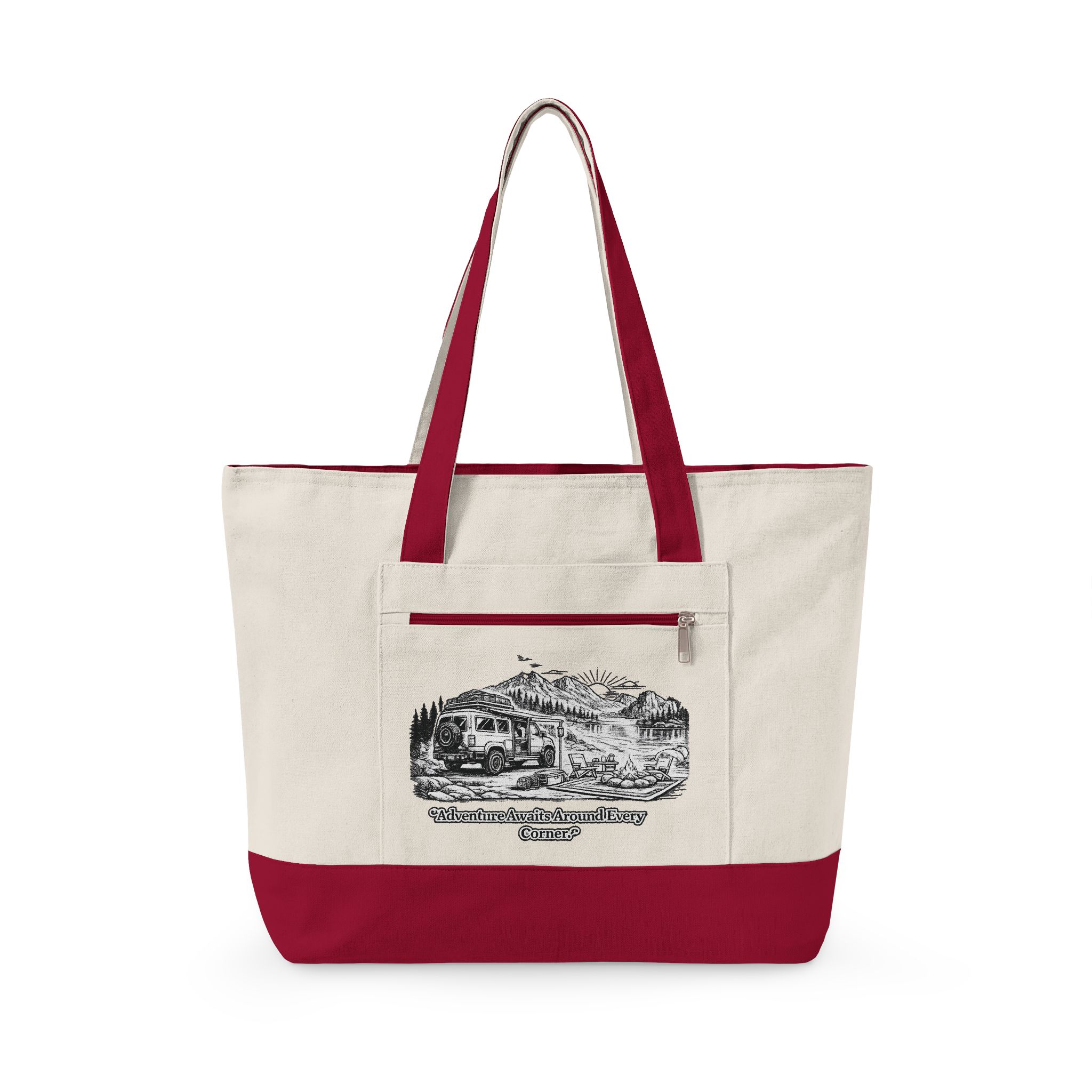 10185050428320560747_2048.jpeg Zippered Canvas Tote — "Adventure Awaits Around Every Corner" (Design Minimal-Line)
