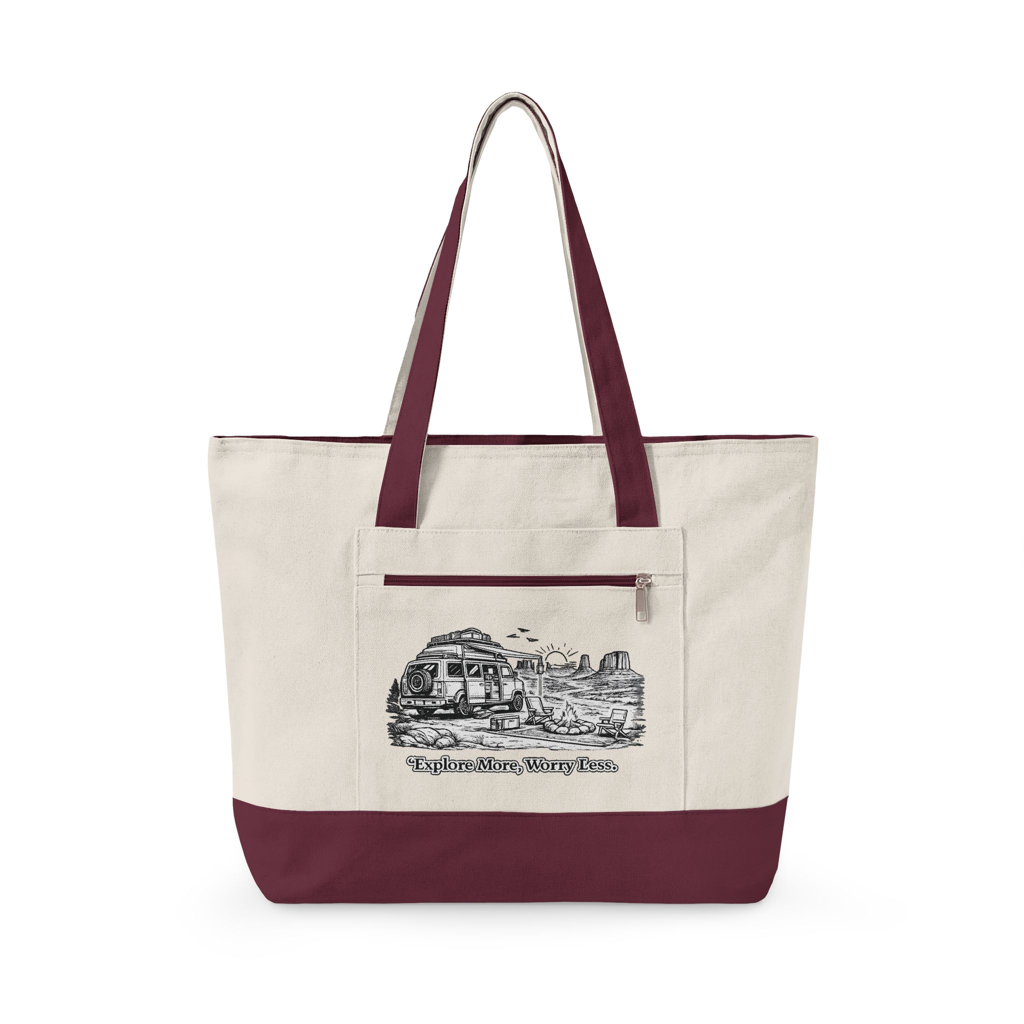 10770124666940504946_2048.jpeg Zippered Canvas Tote — "Explore More, Worry Less" (Design Minimal-Line)