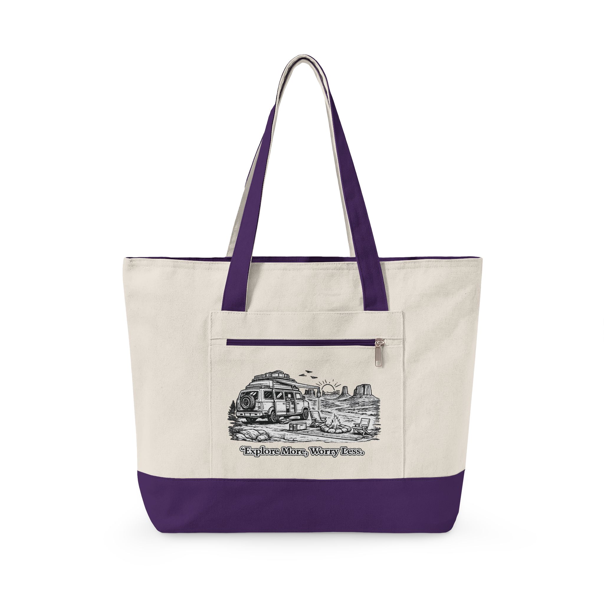 11949085677689063321_2048.jpeg Zippered Canvas Tote — "Explore More, Worry Less" (Design Minimal-Line)