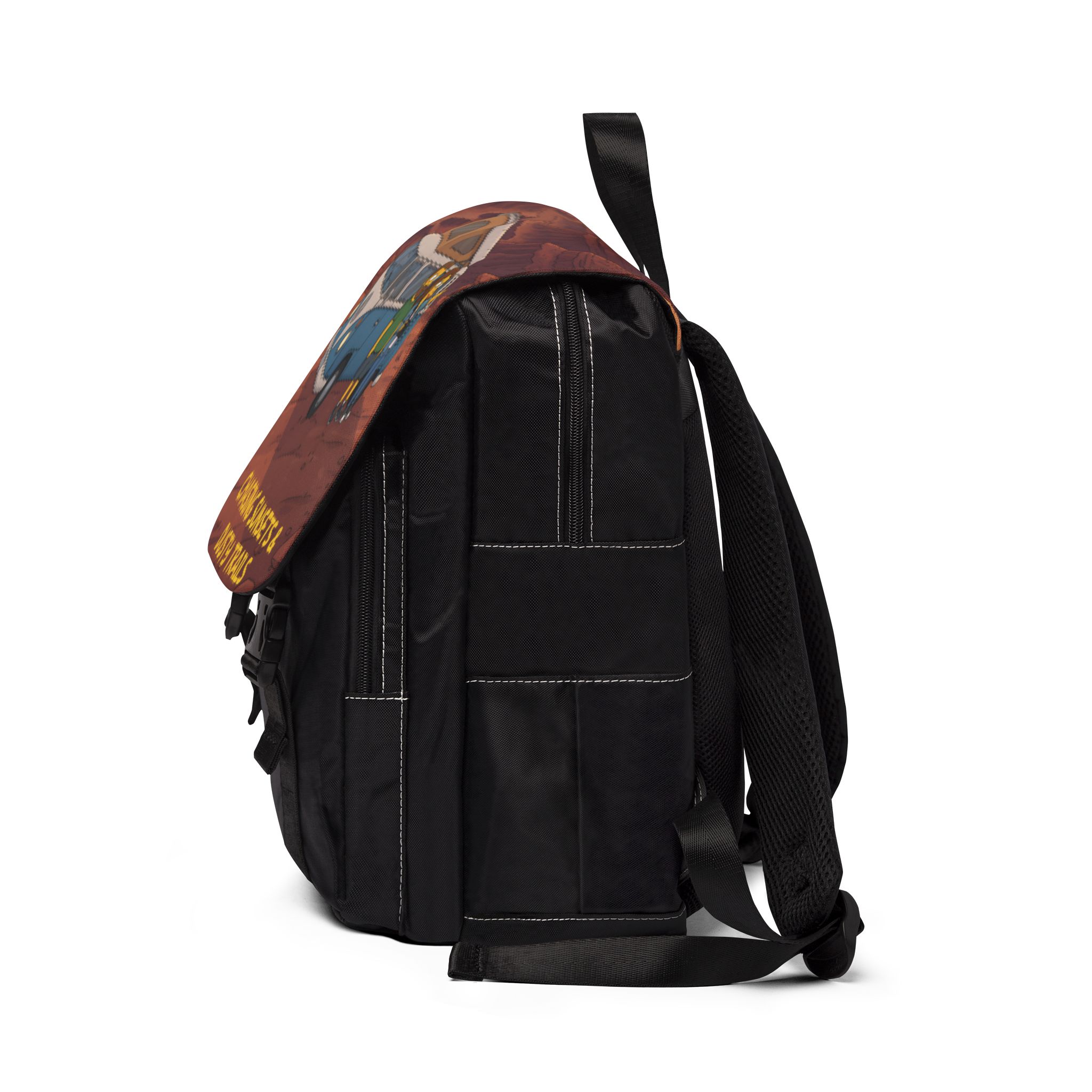 Unisex Casual Shoulder Backpack — "Chasing Sunsets And Dusty Trails" Design Sitcom-Line