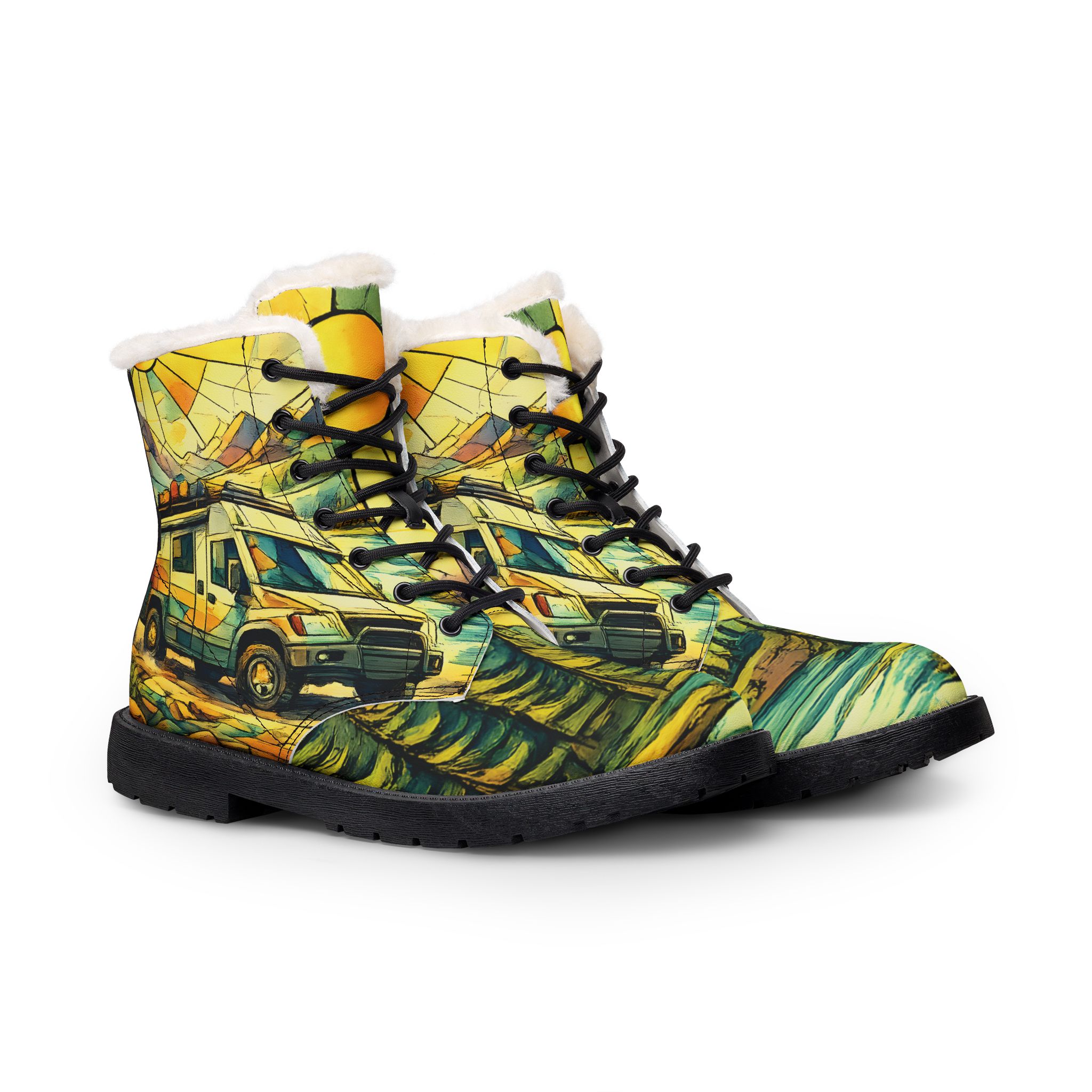 Men's Fur and Leather Boots — Ford Camper Print (Cubic-Line)