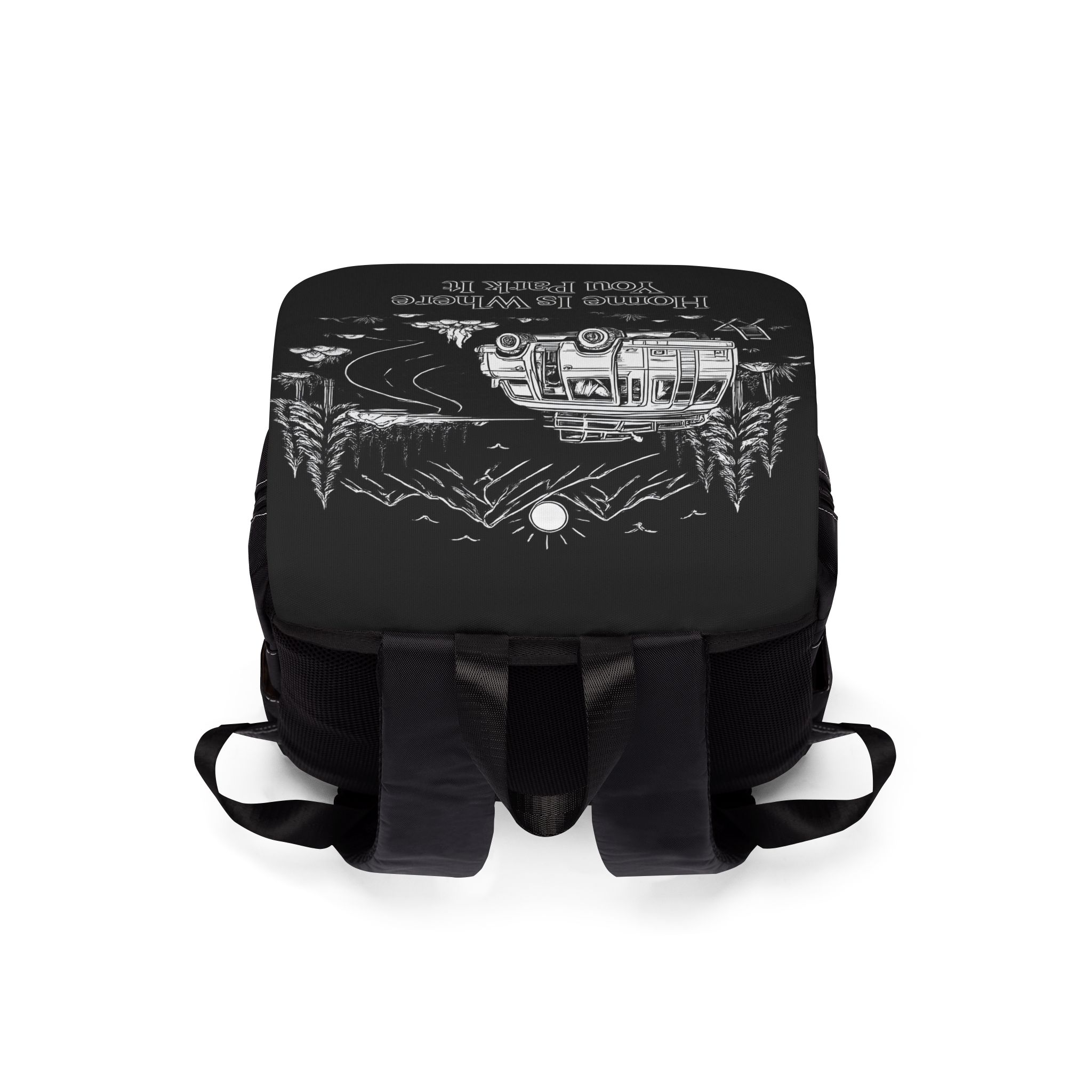 Unisex Casual Shoulder Backpack — "Home Is Where You Park It" Design Minimal-Line