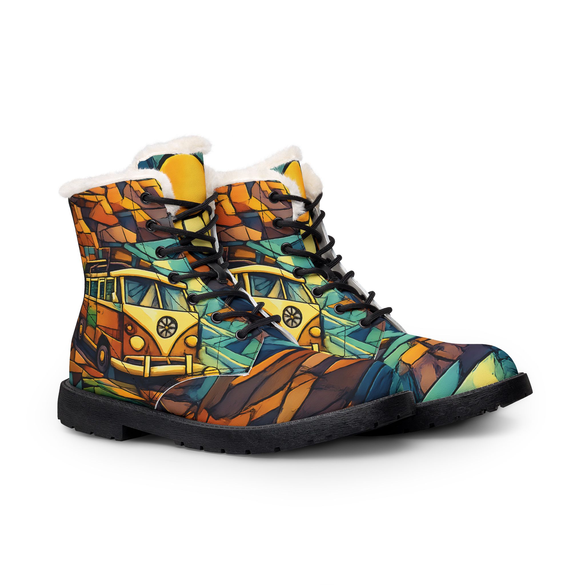 Men's Fur and Leather Boots — Vintage Camper Print (Cubic-Line)