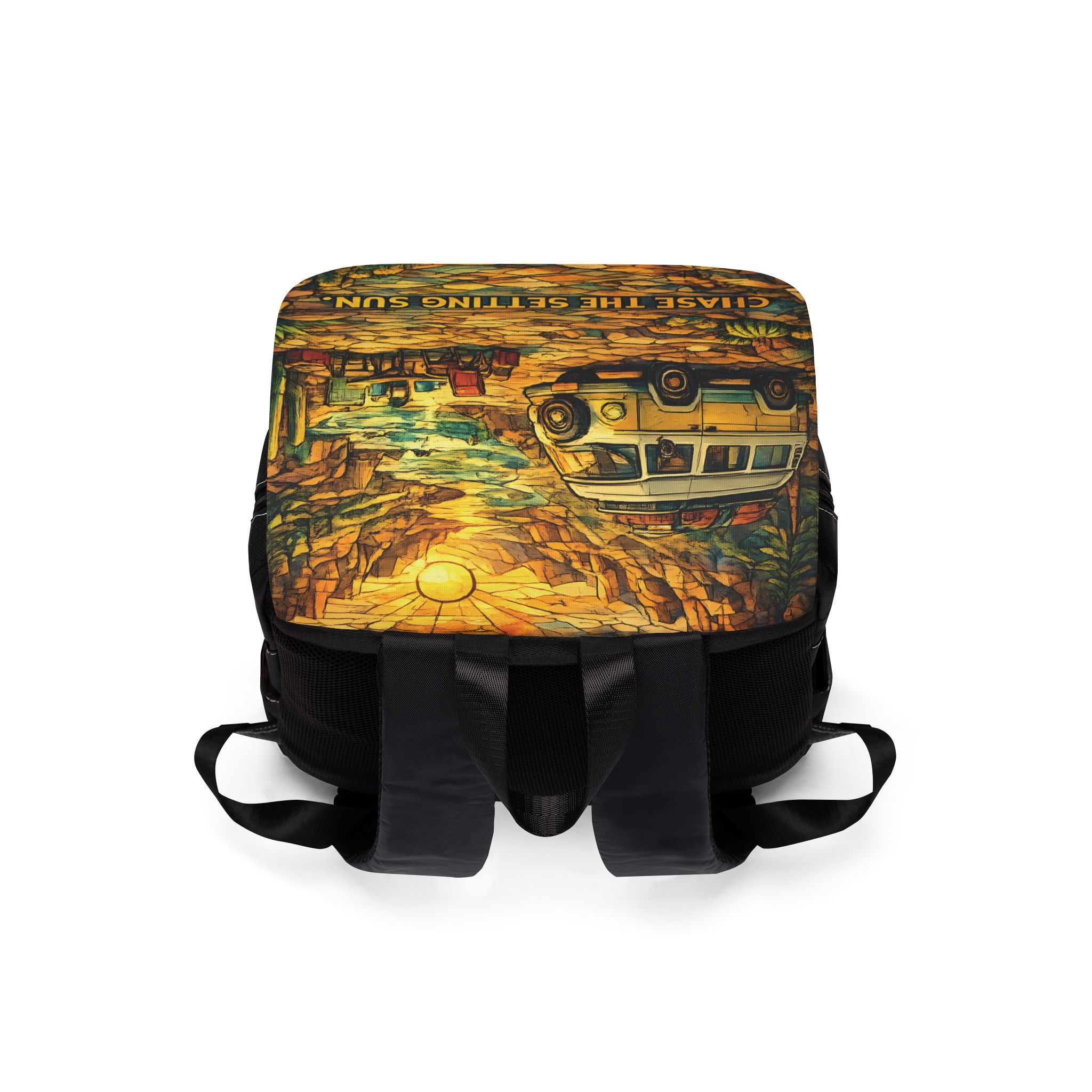 13723765986833329814_2048.jpeg Unisex Casual Shoulder Backpack — "Chase The Settings Sun" Design Cubic-Line