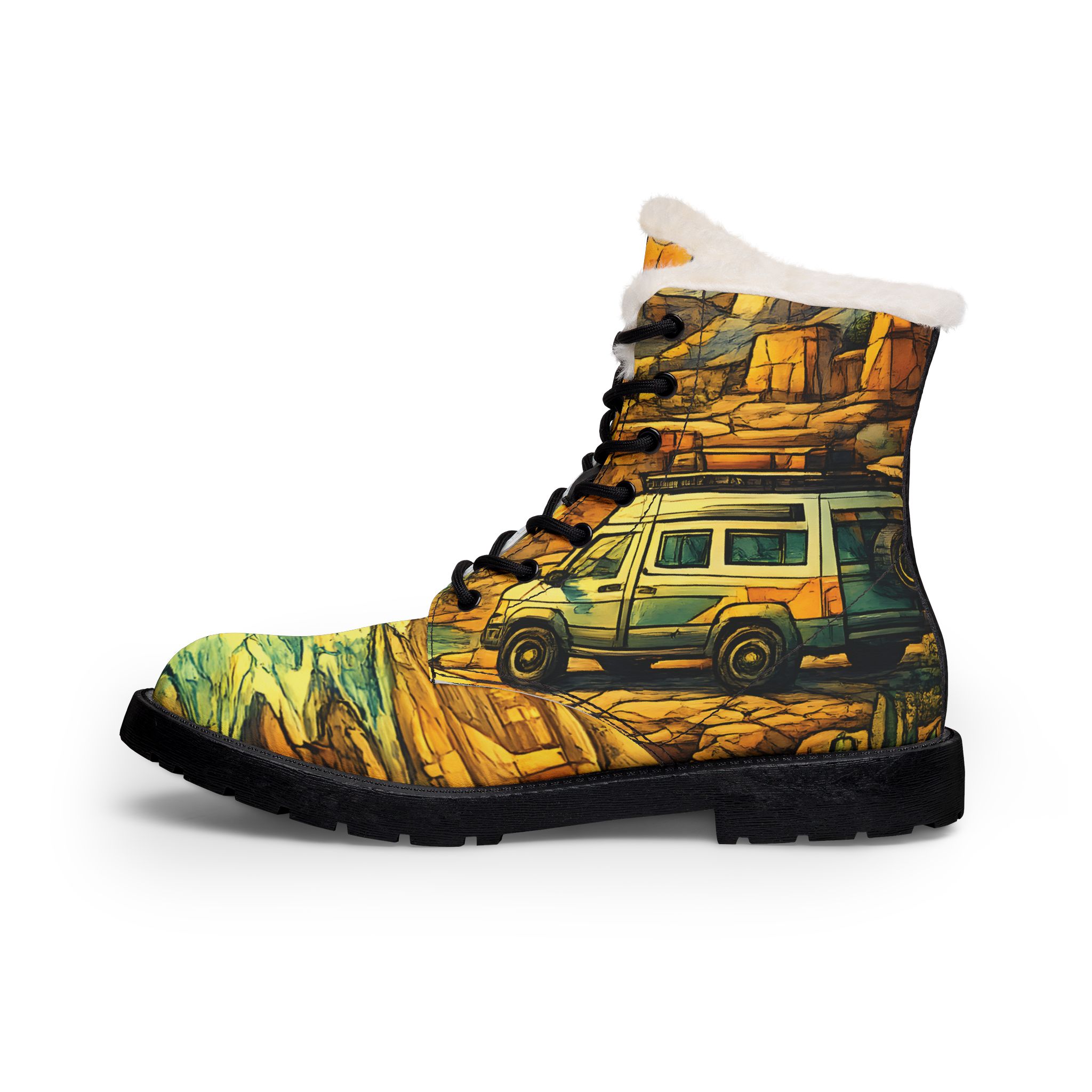 Men's Fur and Leather Boots — Ford Camper Print (Cubic-Line)