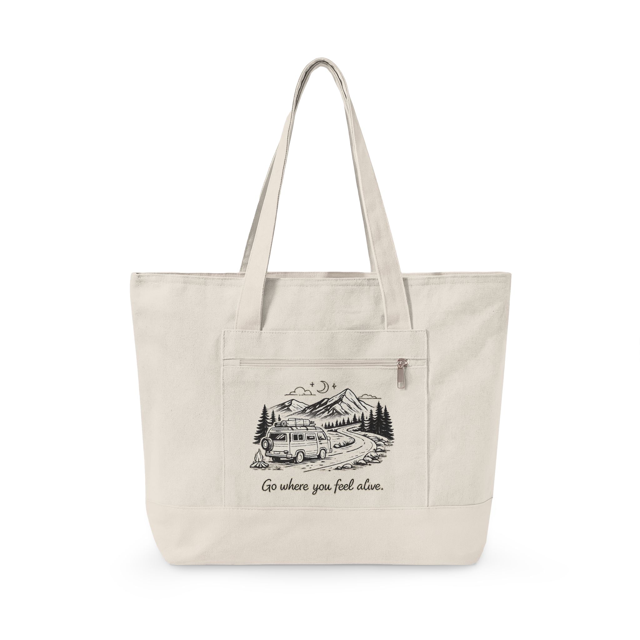 Zippered Canvas Tote — "Go Where You Feel Alive" (Design Minimal-Line)