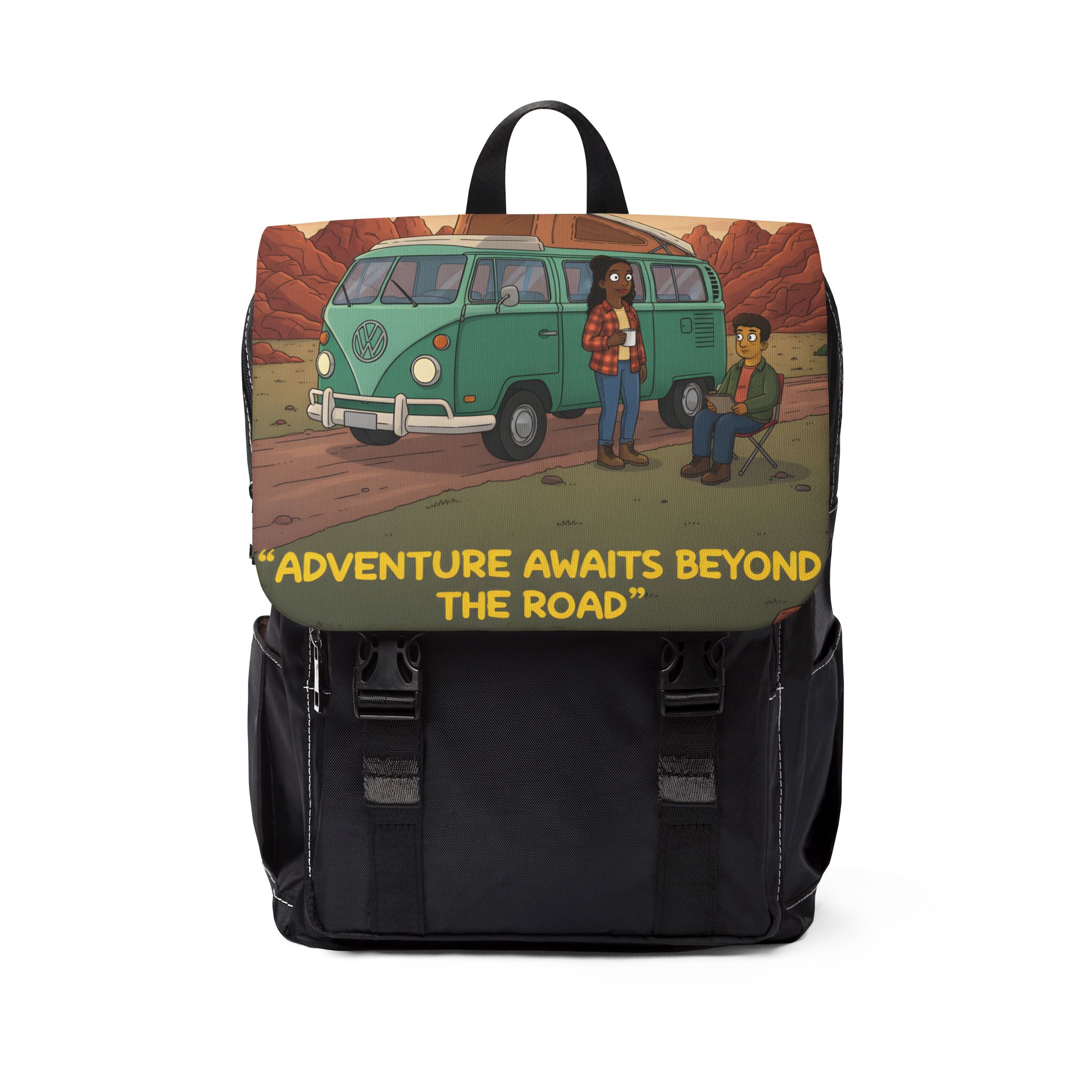 Unisex Casual Shoulder Backpack — "Adventure Awaits Beyond The Road" Design Sitcom-Line