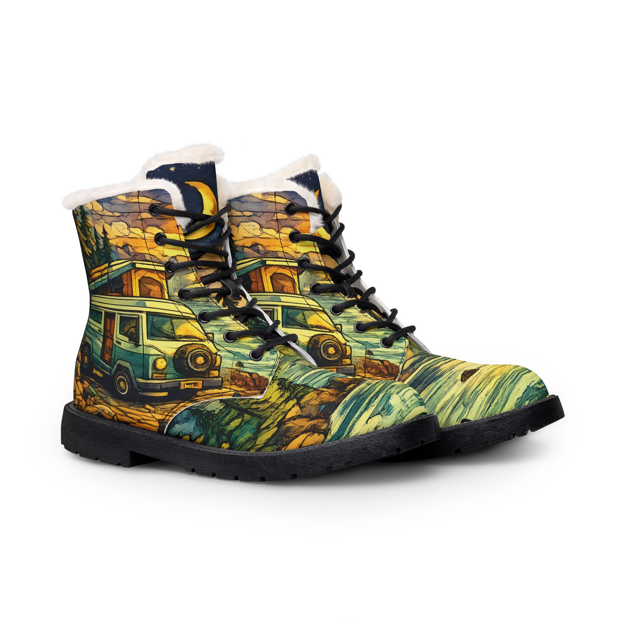 Men's Fur and Leather Boots — Retro VW Camper Print (Cubic-Line)