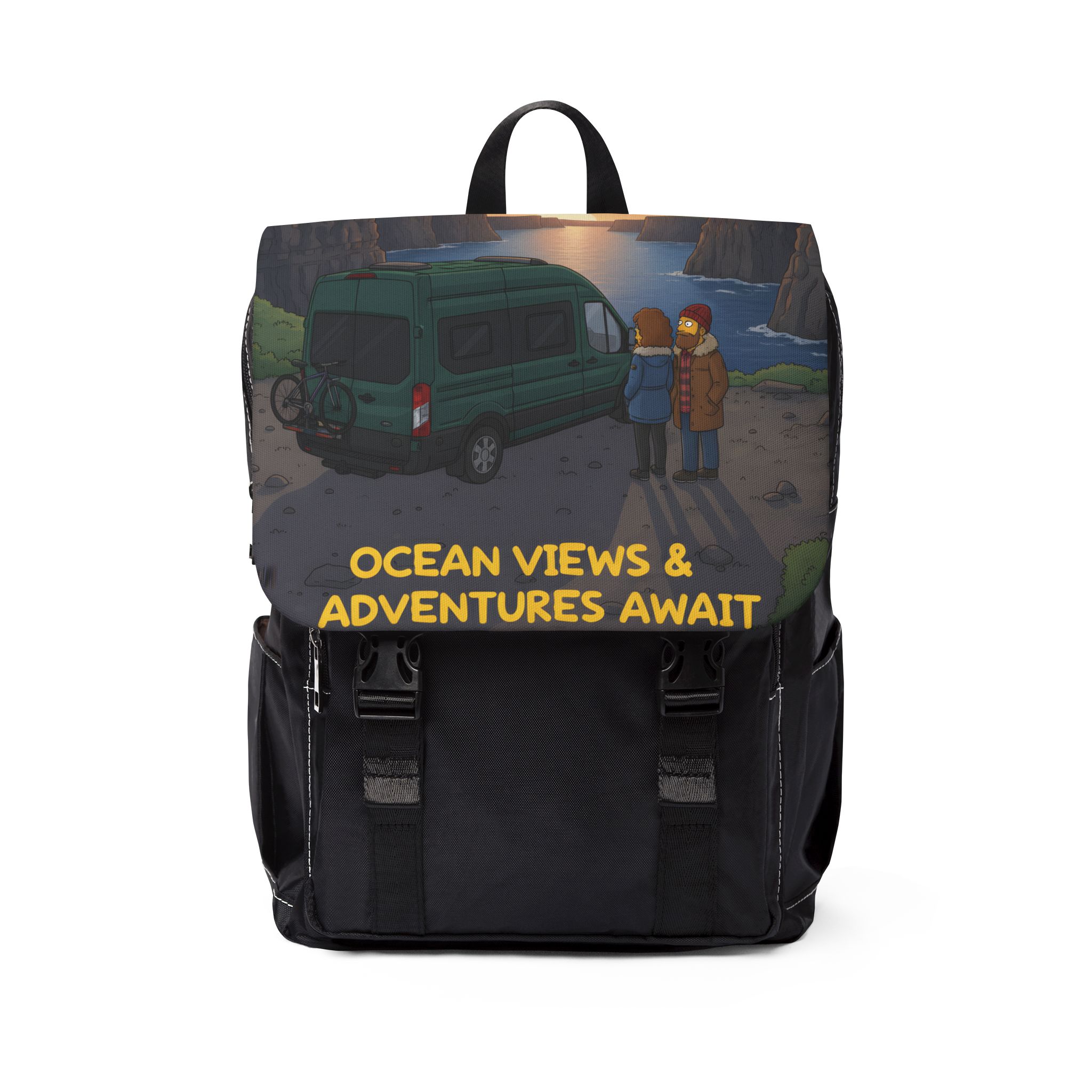 Unisex Casual Shoulder Backpack — "Ocean Views-Adventures Awaits" Design Sitcom-Line
