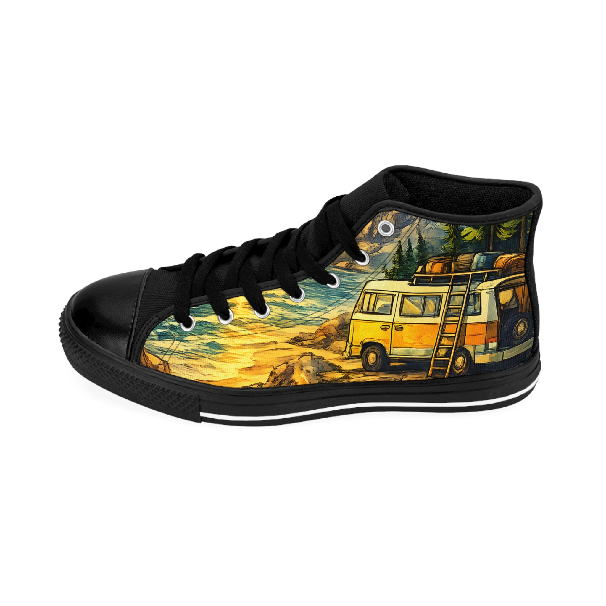 Men's High Top Sneakers — Yellow Retro Outdoor Roadtrip Shoes (Design Cubic-Line)