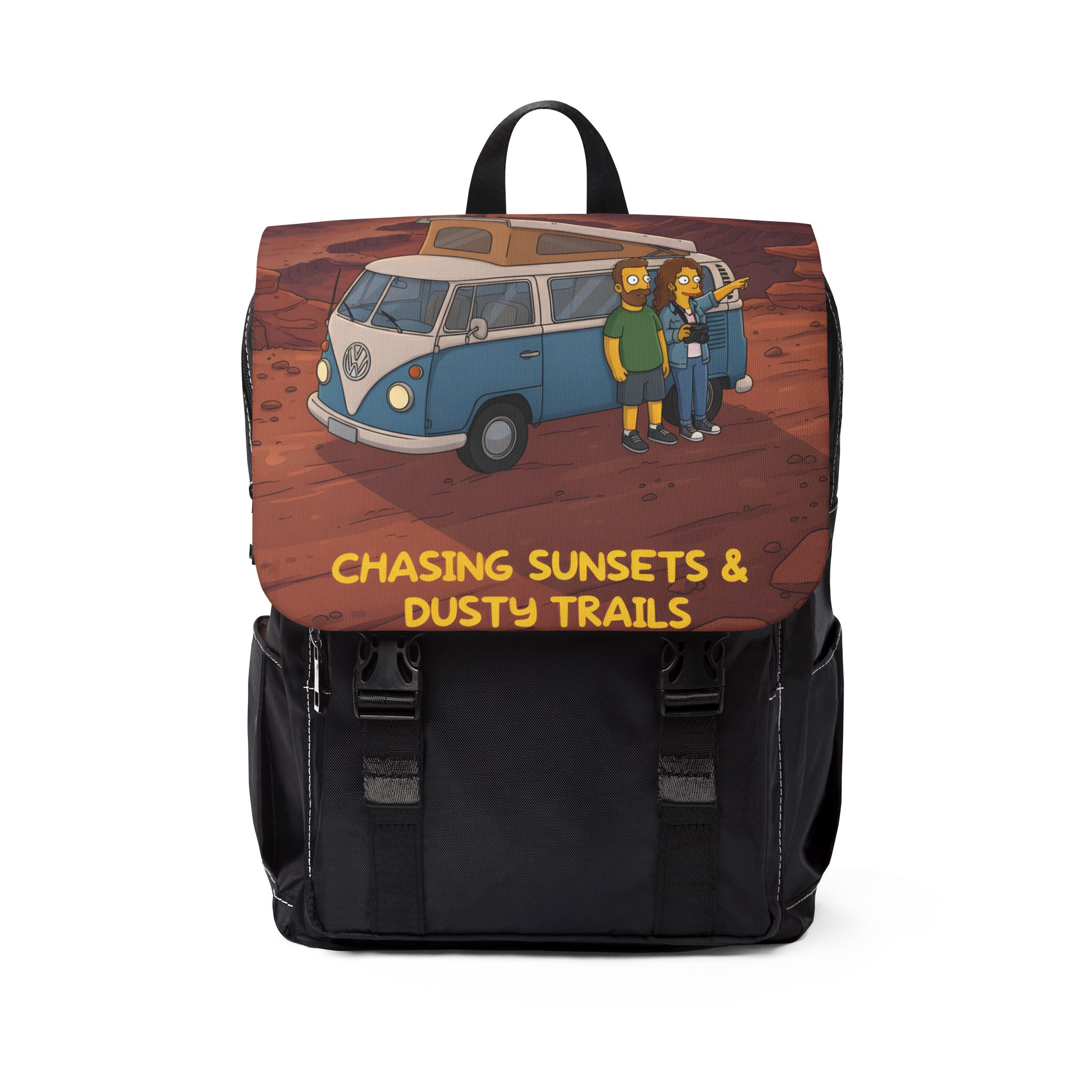 Unisex Casual Shoulder Backpack — "Chasing Sunsets And Dusty Trails" Design Sitcom-Line
