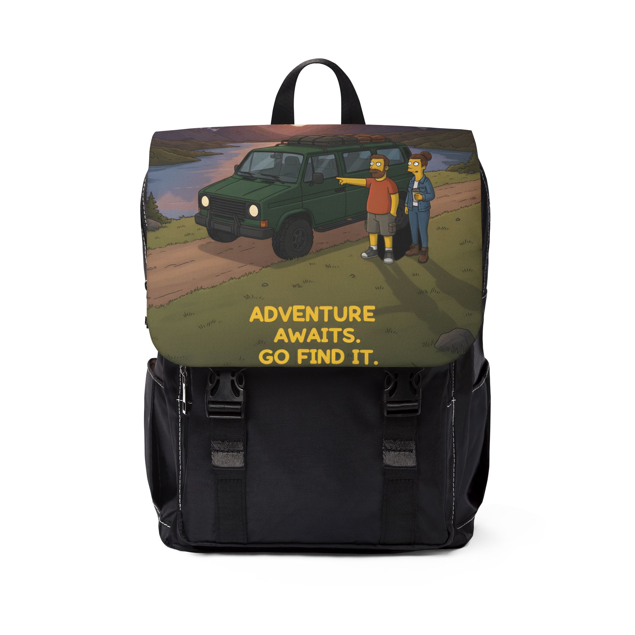 Unisex Casual Shoulder Backpack — "Adventure Awaits-Go Find It" Design Sitcom-Line