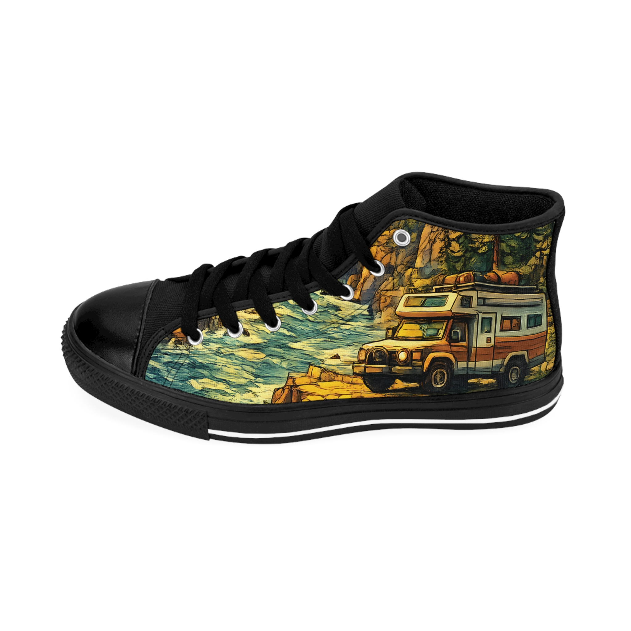 16884049853453309805_2048.jpeg Men's High Top Sneakers — Vintage RV Roadtrip Shoes (Design Cubic-Line)