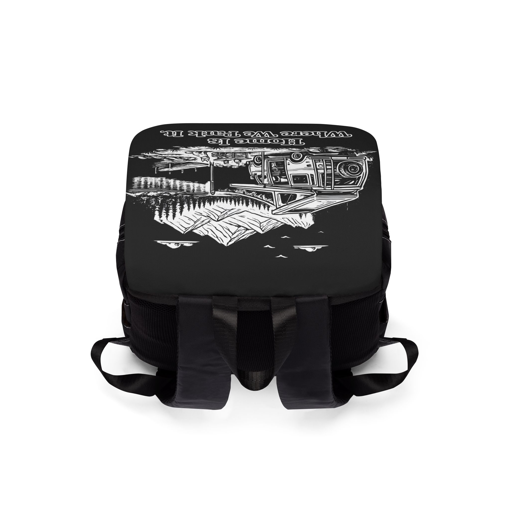 Unisex Casual Shoulder Backpack — "Home Is Where You Park It" Design Minimal-Line