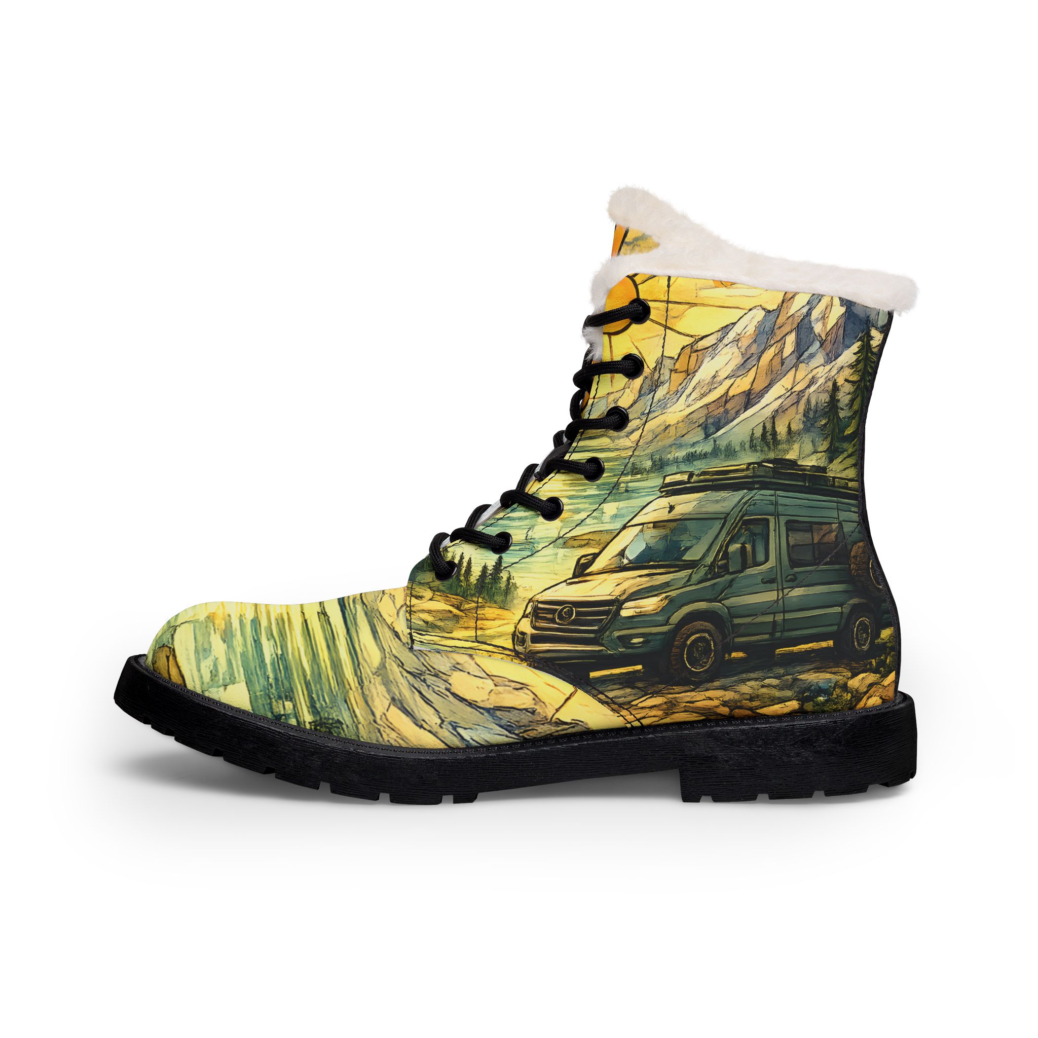 Men's Fur and Leather Boots — Mercedes Vintage Camper Van Wilderness Print (Cubic-Line)