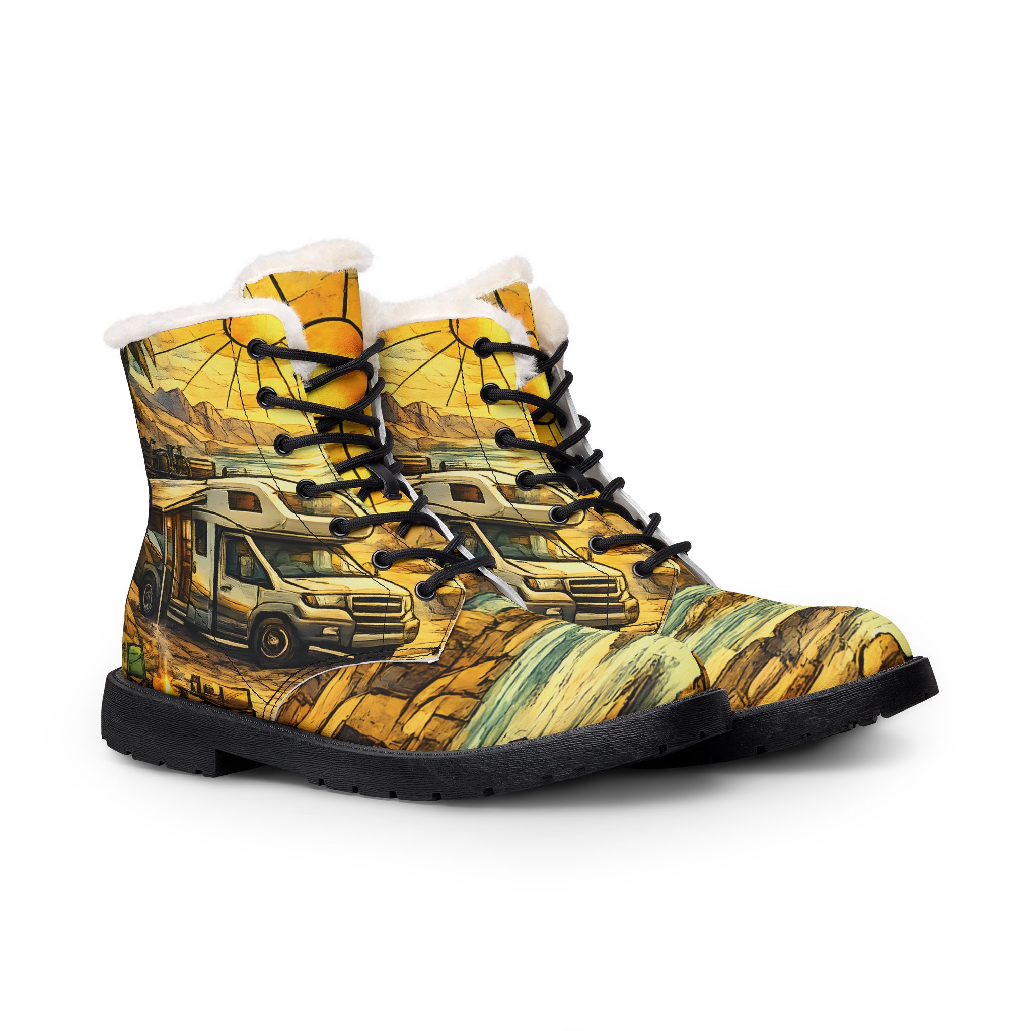 Men's Fur and Leather Boots — Ford Camper Print (Cubic-Line)