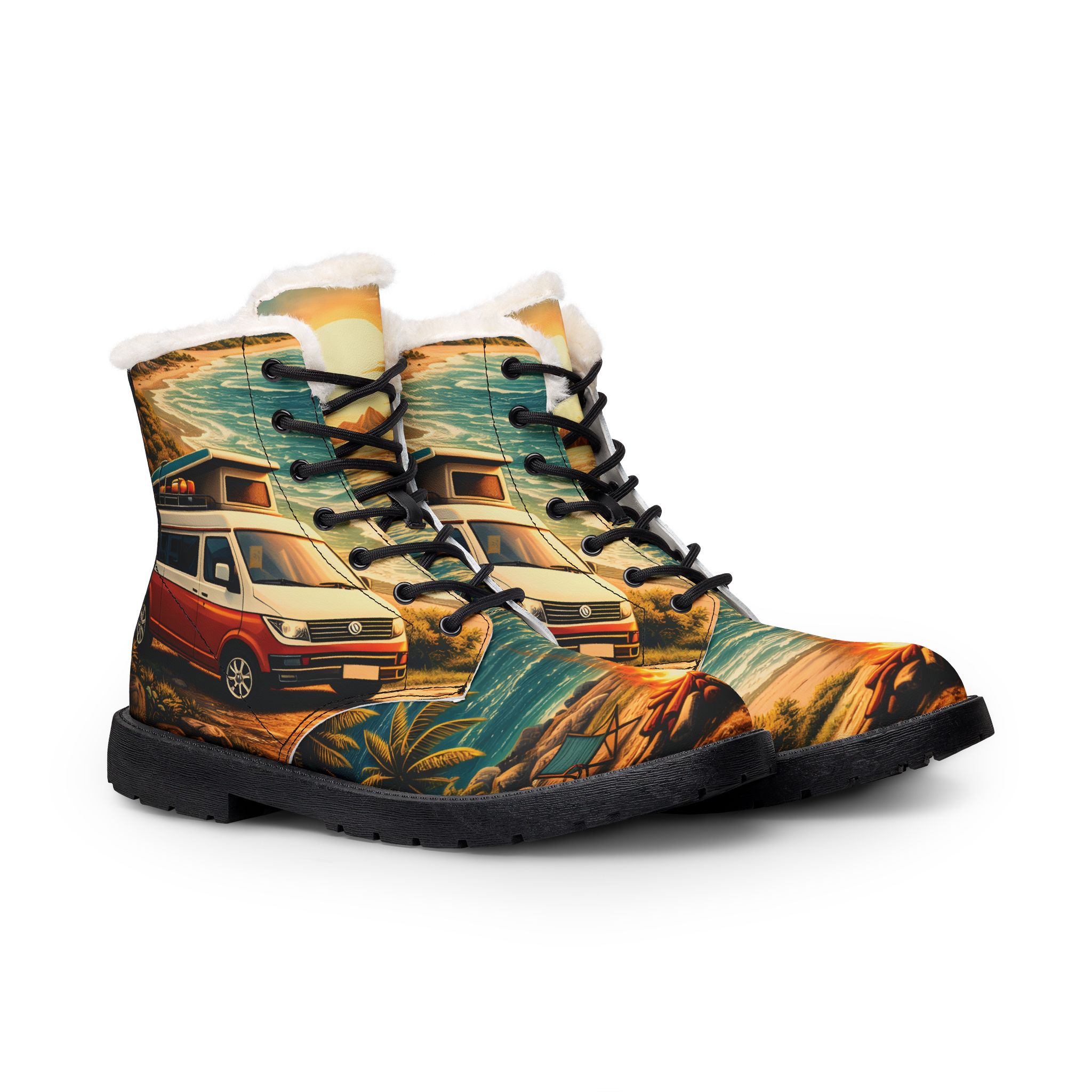 Men's Fur and Leather Boots — Red Camper Print (Scenic-Line)