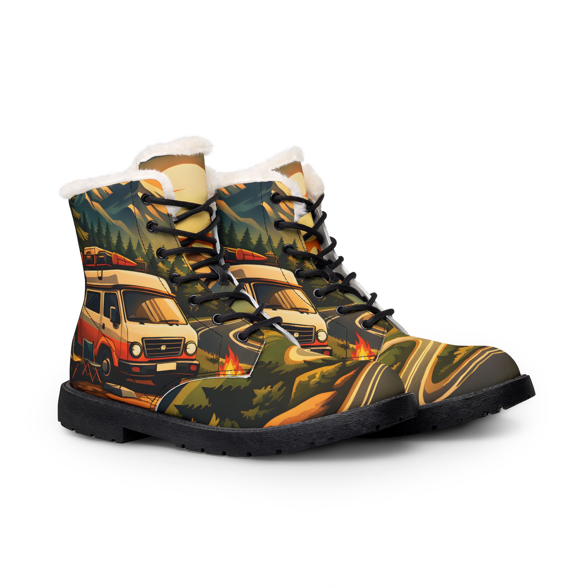 Men's Fur and Leather Boots — Orange Camper Print (Scenic-Line)
