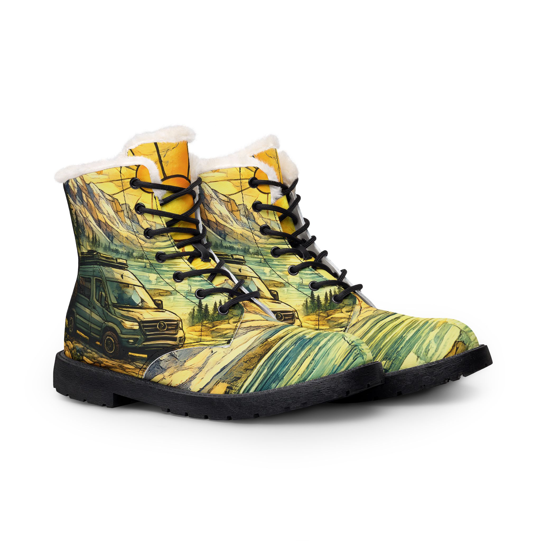 Men's Fur and Leather Boots — Mercedes Vintage Camper Van Wilderness Print (Cubic-Line)