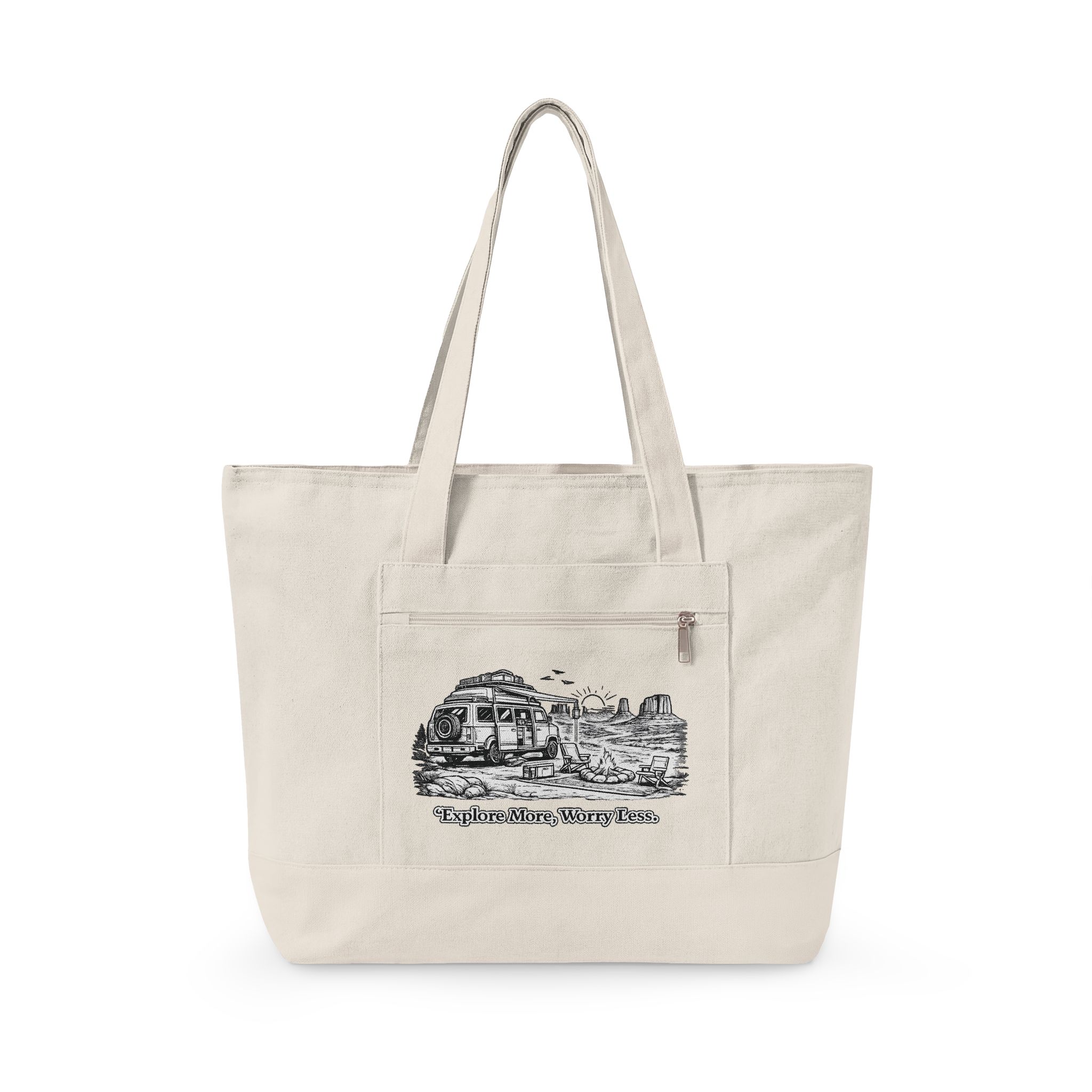 Zippered Canvas Tote — "Explore More, Worry Less" (Design Minimal-Line)