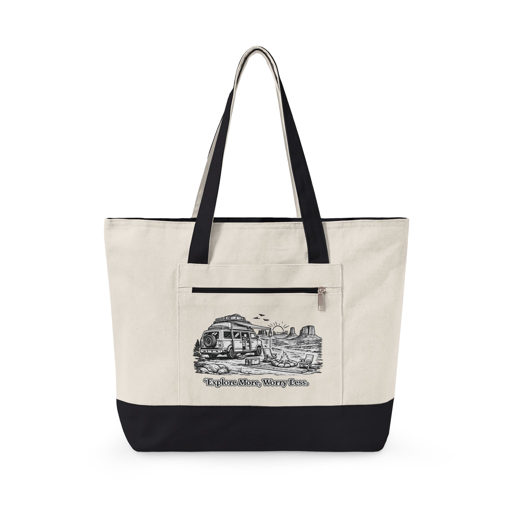 5519022049871586734_2048.jpeg Zippered Canvas Tote — "Explore More, Worry Less" (Design Minimal-Line)