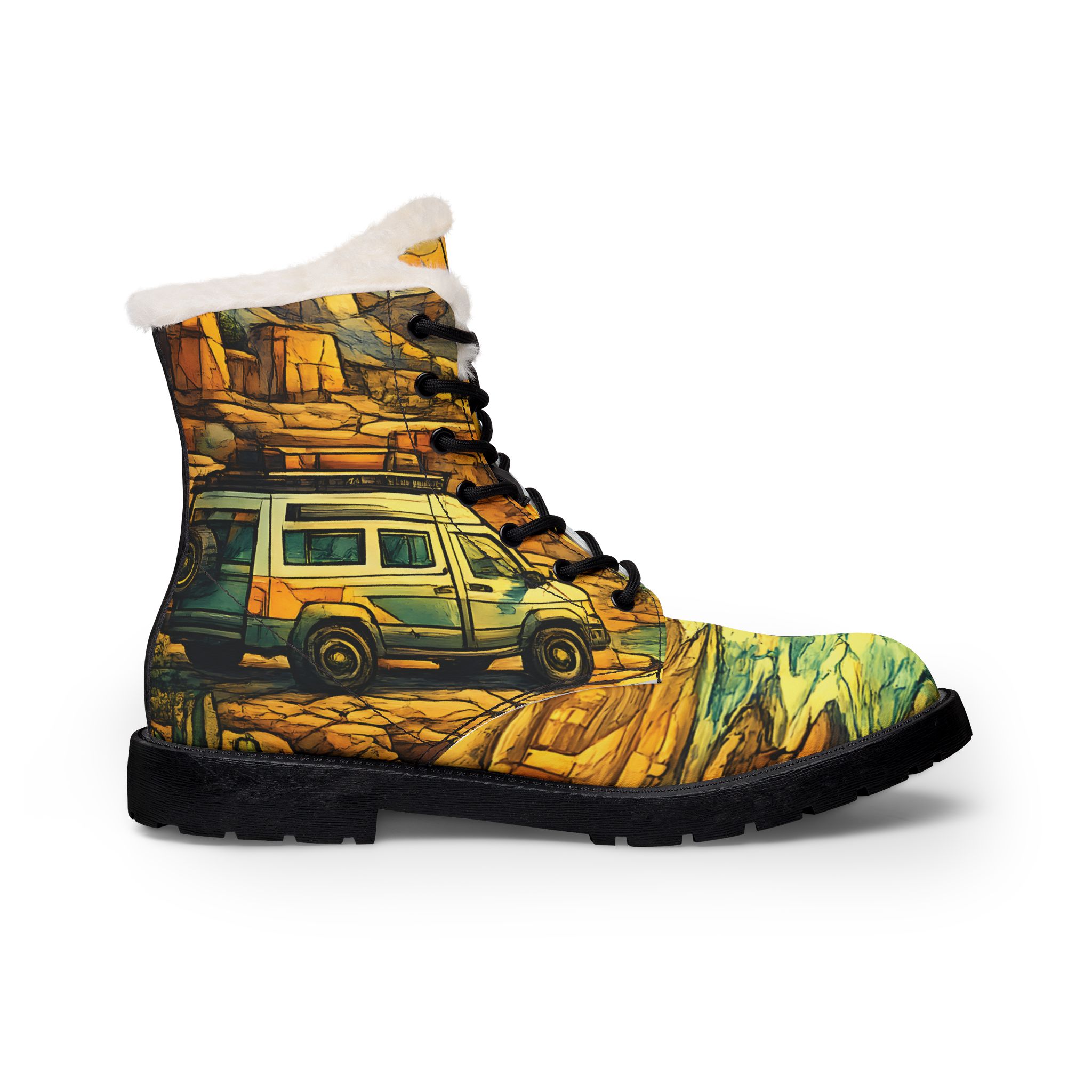 Men's Fur and Leather Boots — Ford Camper Print (Cubic-Line)