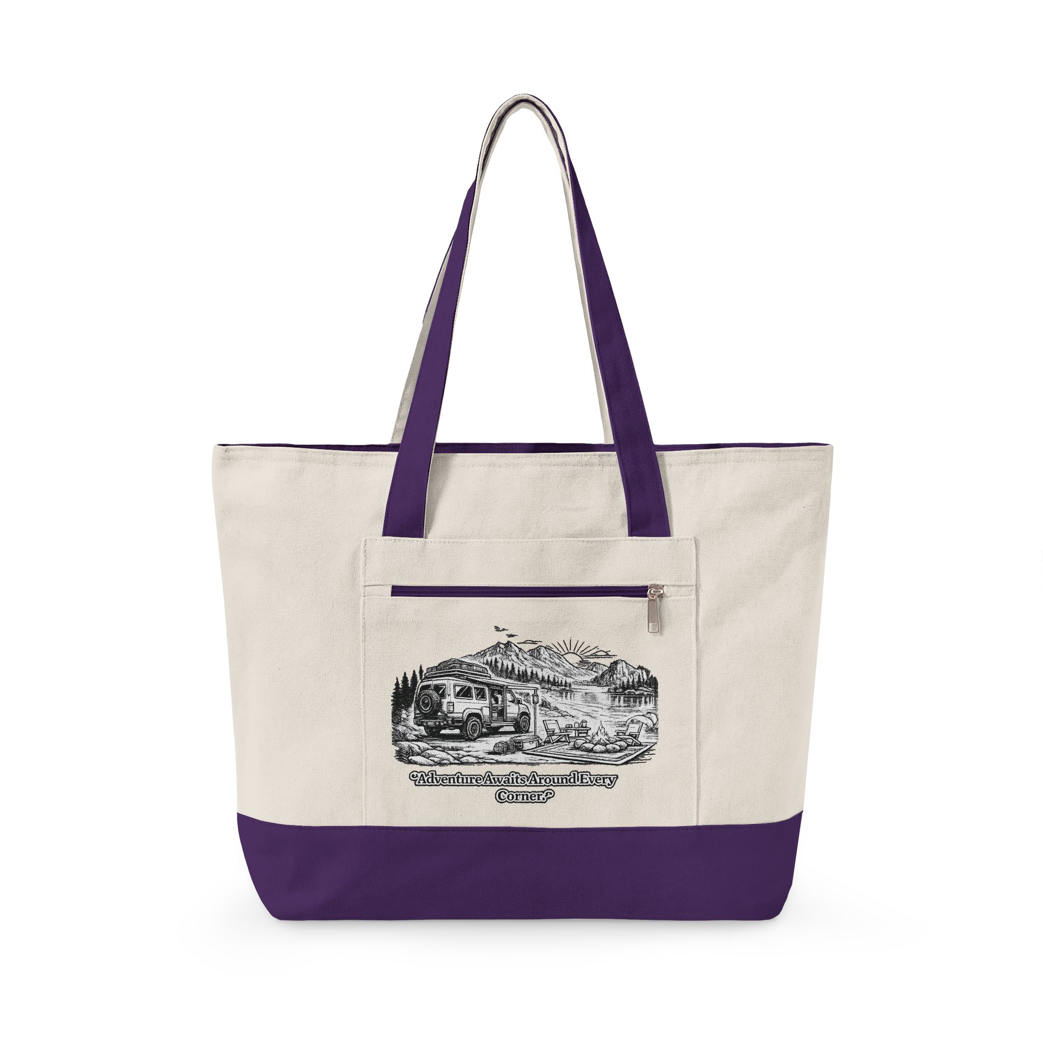 6383797310655752841_2048.jpeg Zippered Canvas Tote — "Adventure Awaits Around Every Corner" (Design Minimal-Line)