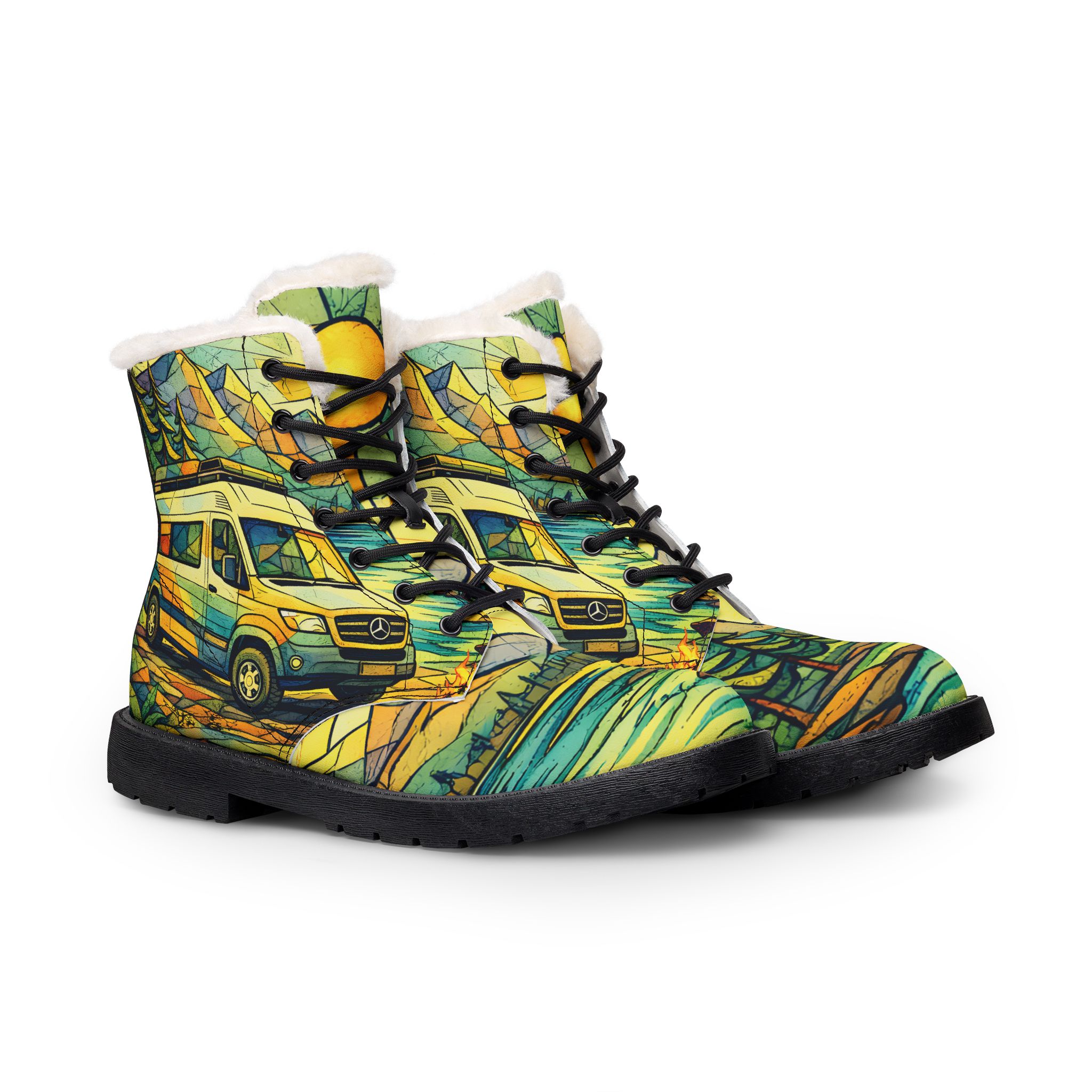 Men's Fur and Leather Boots — Mercedes Camper Print (Cubic-Line)