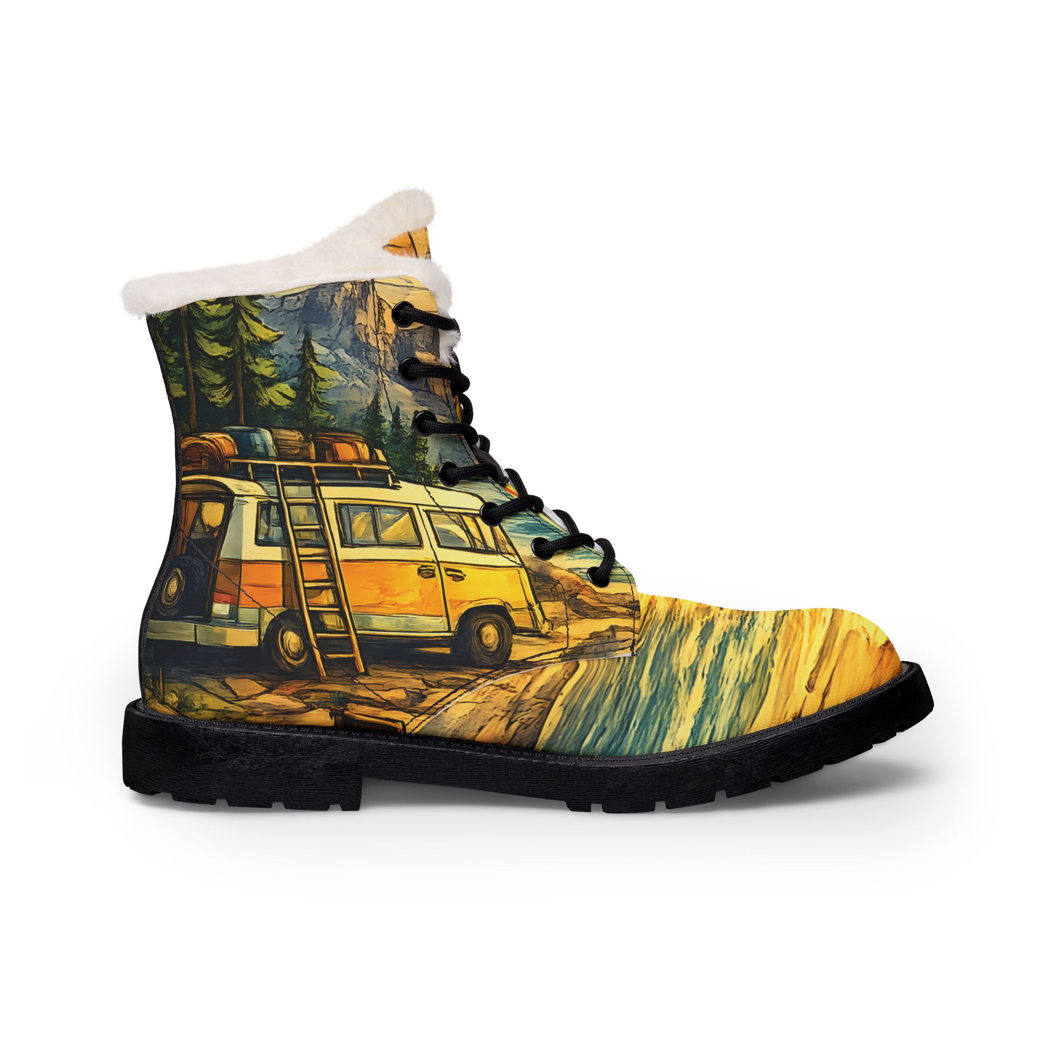 Women's Fur and Leather Boots — Women's Cozy Yellow RV Boots (Cubic-Line)