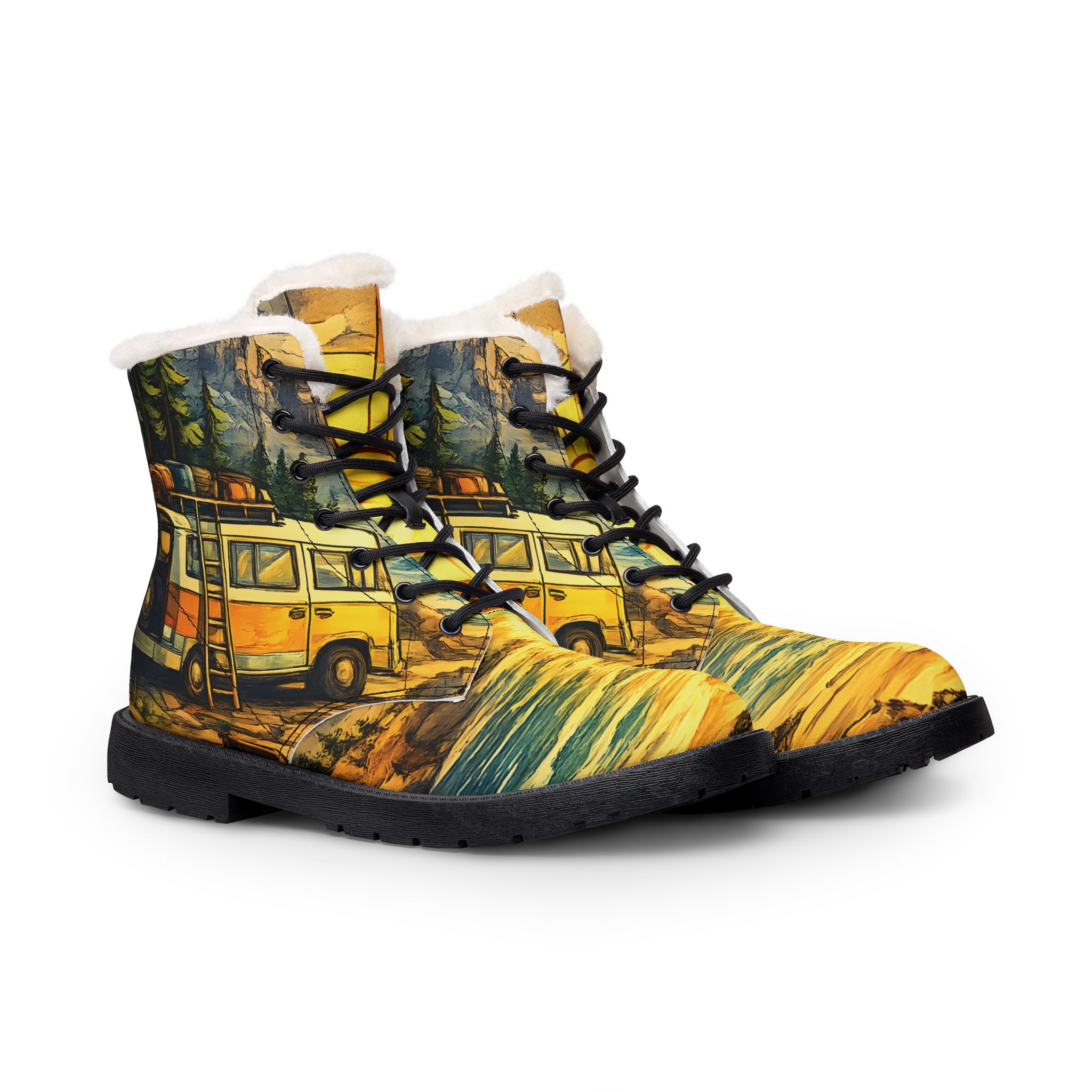 7374780309592880941_2048.jpeg Men's Fur and Leather Boots — Yellow Vintage Camper Van Wilderness Print (Cubic-Line)