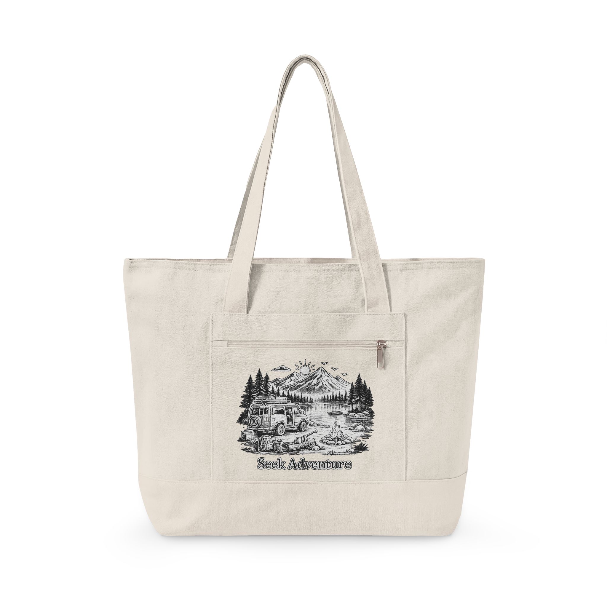 7553375887795657155_2048.jpeg Zippered Canvas Tote — "Seek Adventure" (Design Minimal-Line)