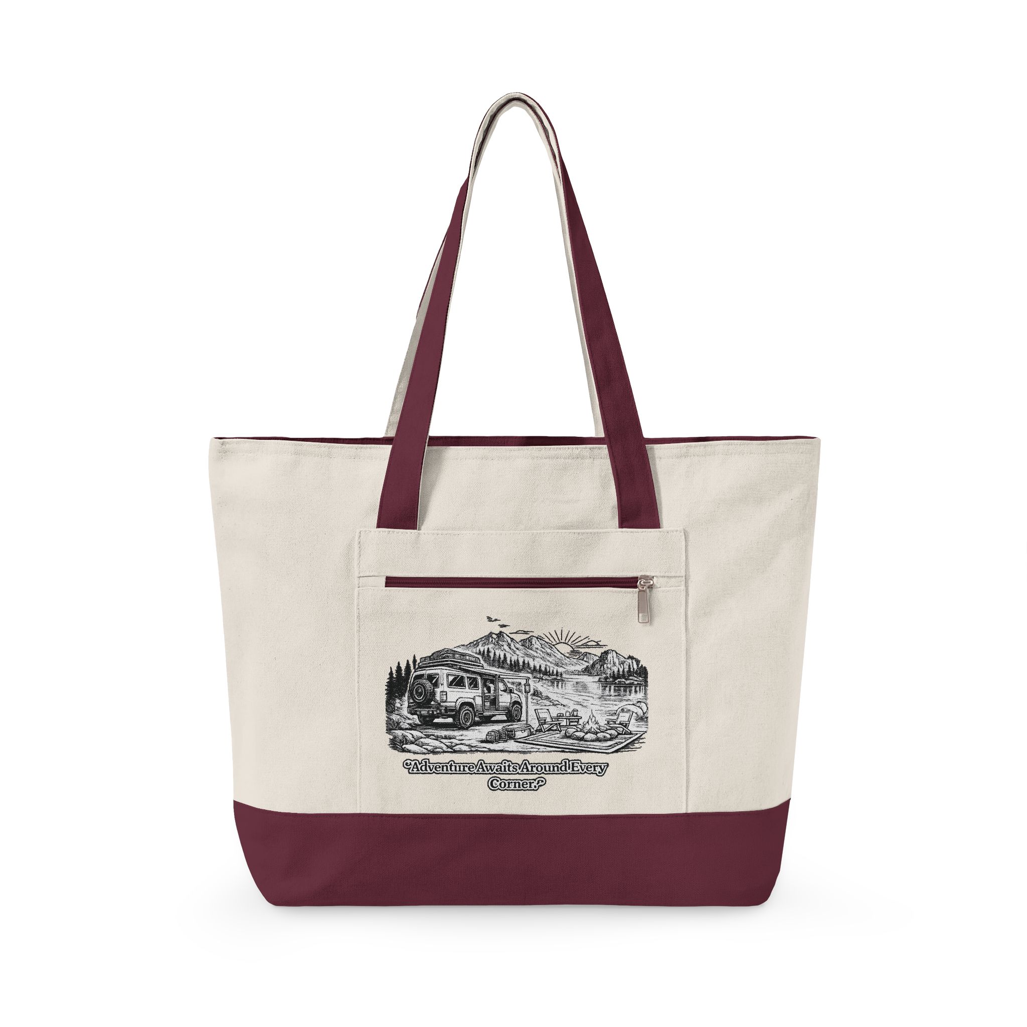 8257916239068937702_2048.jpeg Zippered Canvas Tote — "Adventure Awaits Around Every Corner" (Design Minimal-Line)