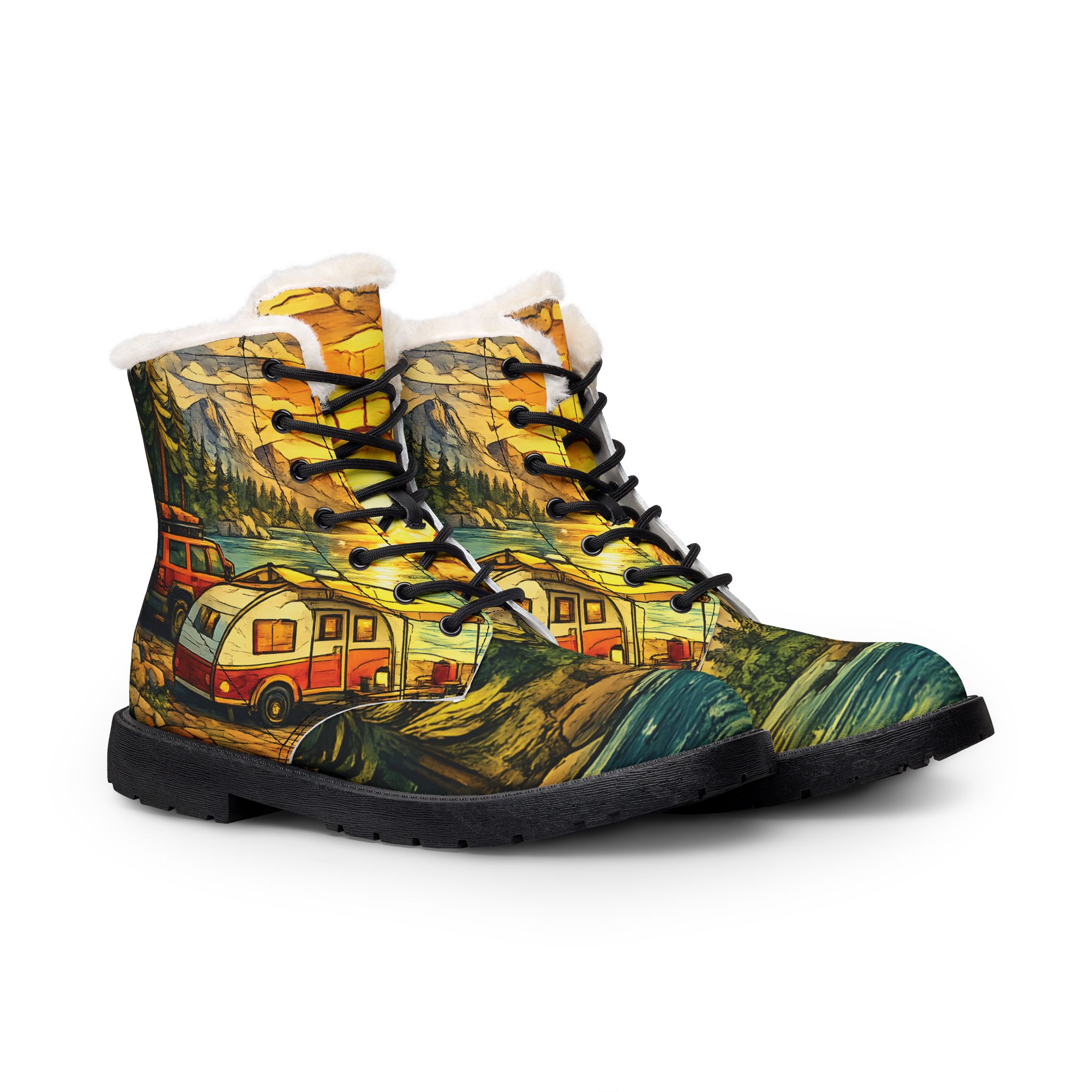 Men's Fur and Leather Boots — Camper Wilderness Print (Cubic-Line)