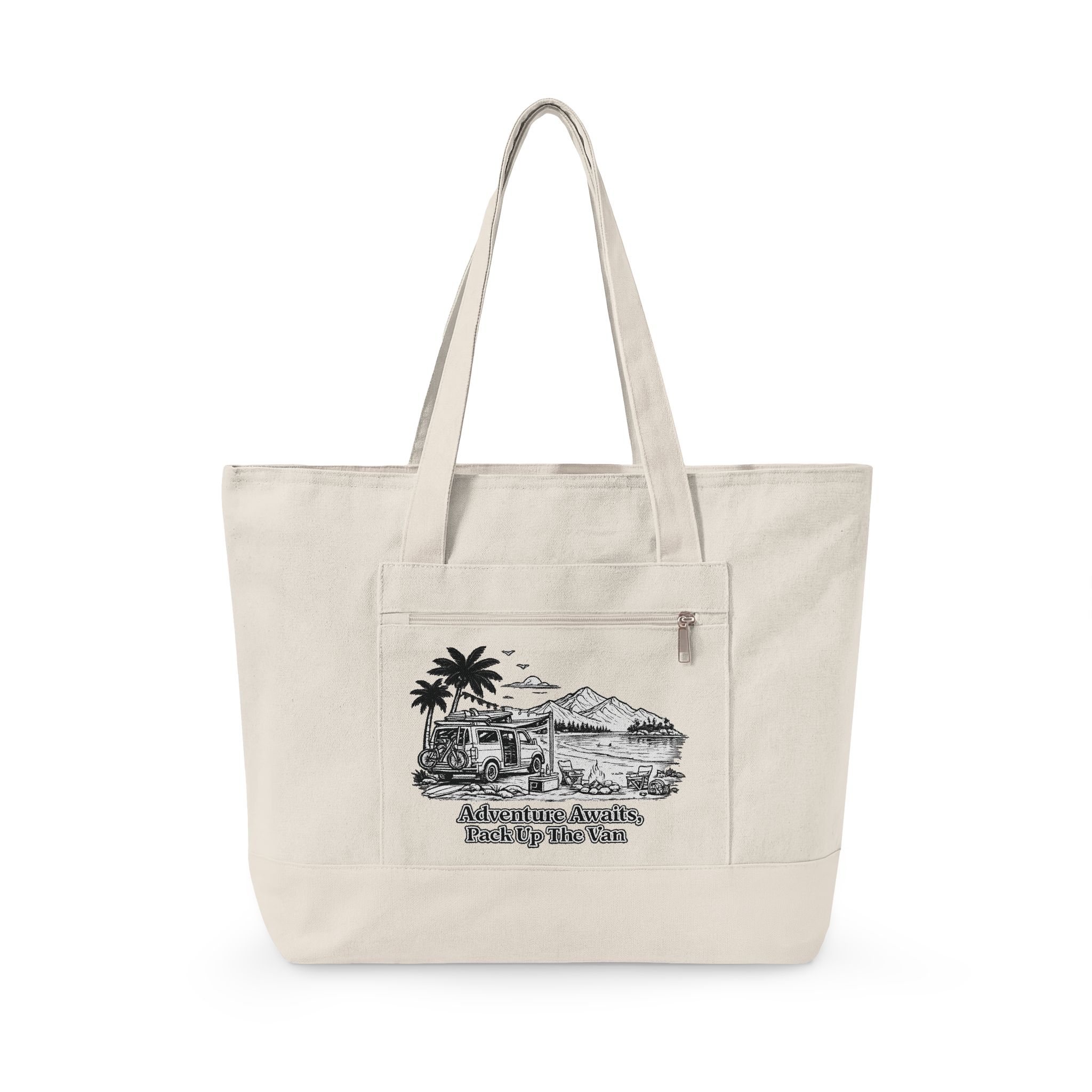 Zippered Canvas Tote — "Adventure Awaits" (Design Minimal-Line)