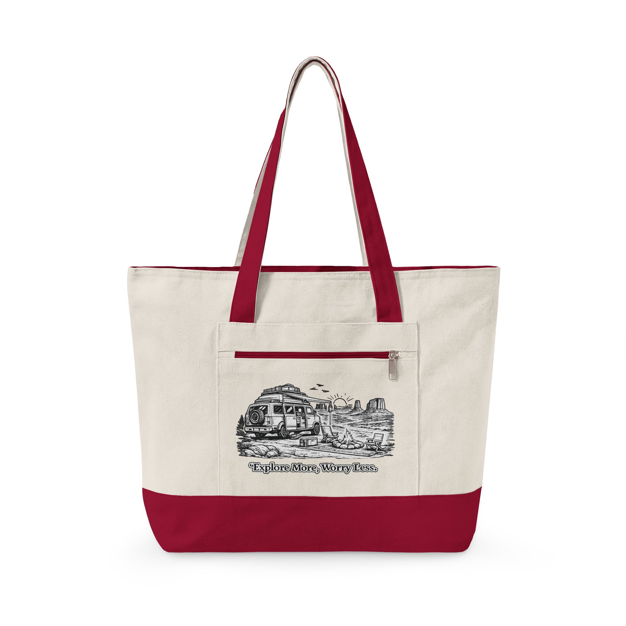 9698497149634151490_2048.jpeg Zippered Canvas Tote — "Explore More, Worry Less" (Design Minimal-Line)