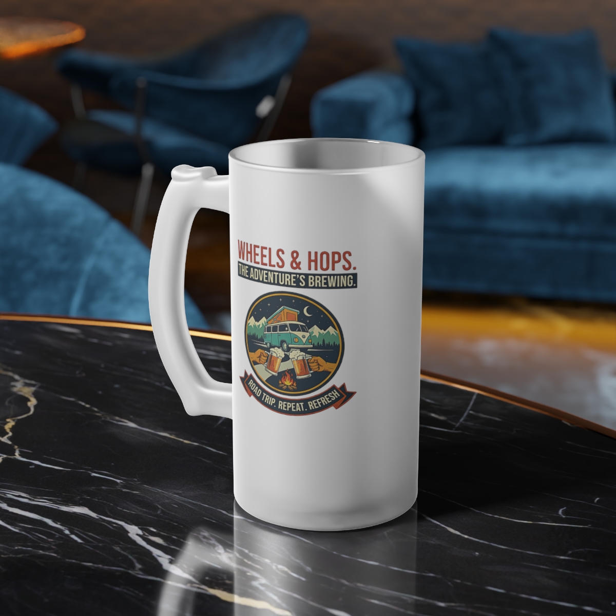 Frosted Beer Mug — 'The Road Is Calling' Vintage Outdoors Camper Design, Gift