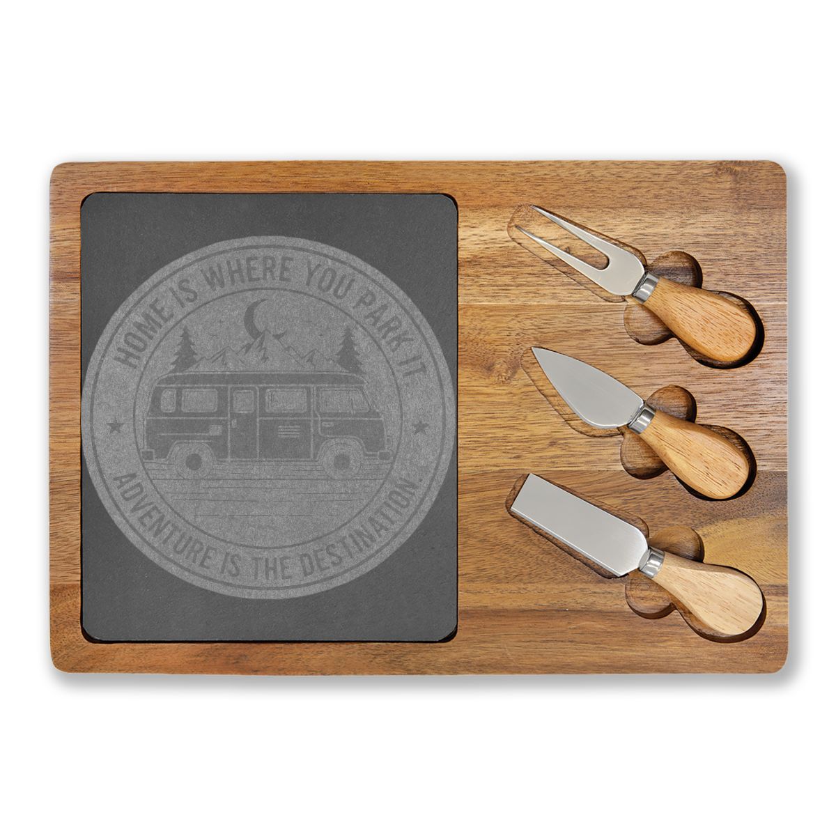 Charcuterie-Board "Gift" Engraved Oak Charcuterie Board with Cheese Tools — "Home Is Where You Park It-But Christmas Is Where You Unwrap The Adventure - Merry Van-mas"
