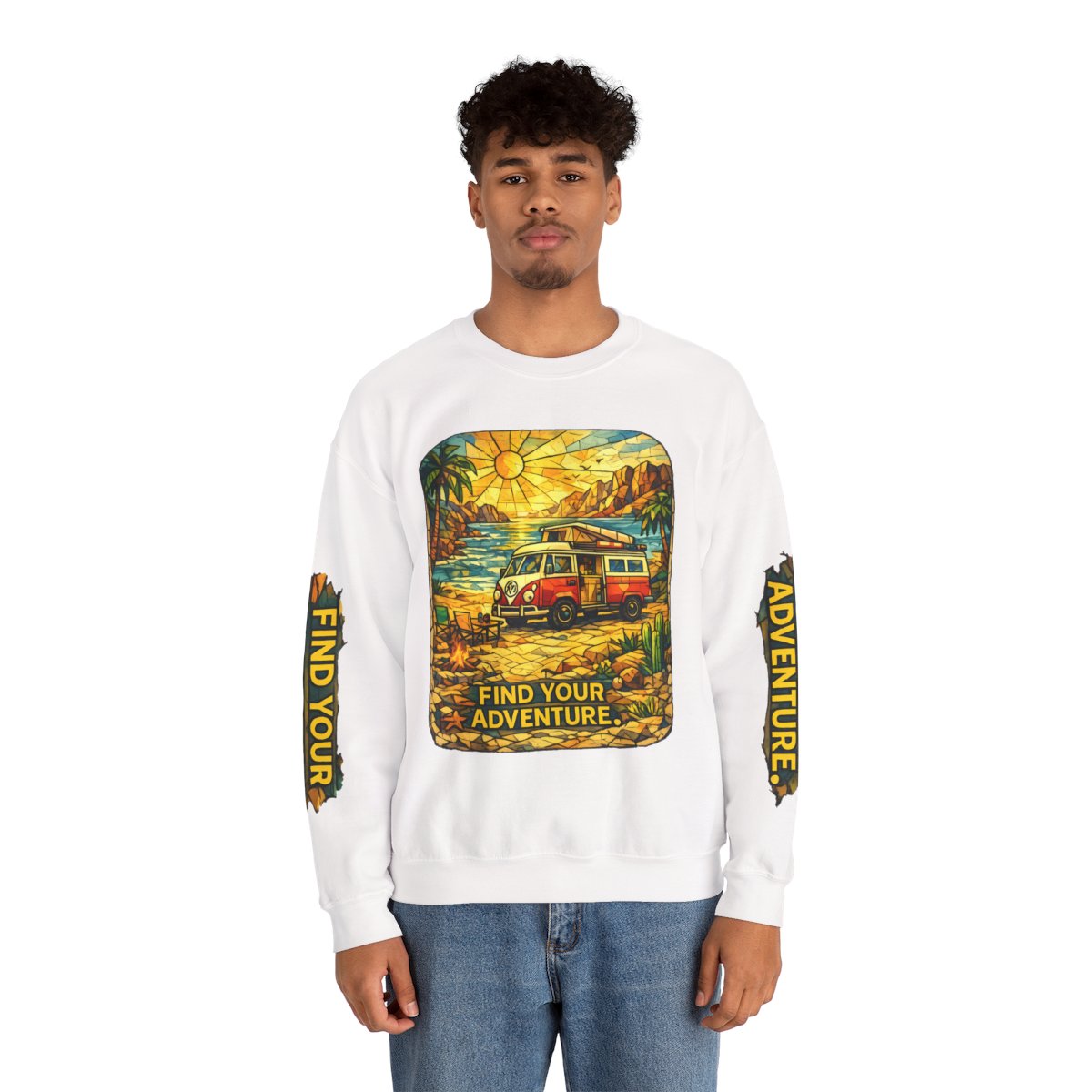 Crewneck-Sweatshirt-Men Crewneck Sweatshirt - "Adventure Awaits On The Road Again" Vintage Camper Van
