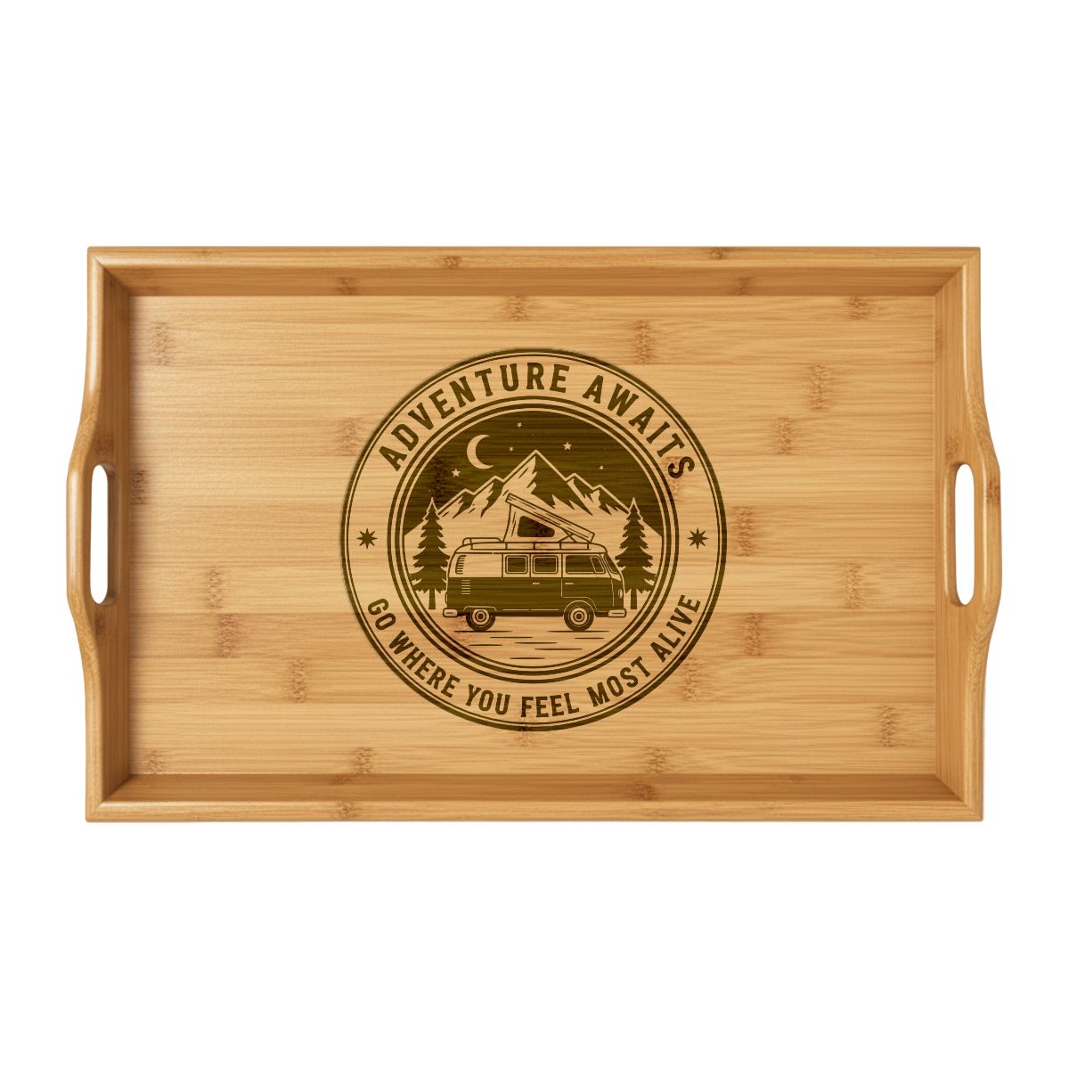 "Gift" Engraved Oak Charcuterie Board with Cheese Tools — "Home Is Where You Park It-But Christmas Is Where You Unwrap The Adventure - Merry Van-mas"