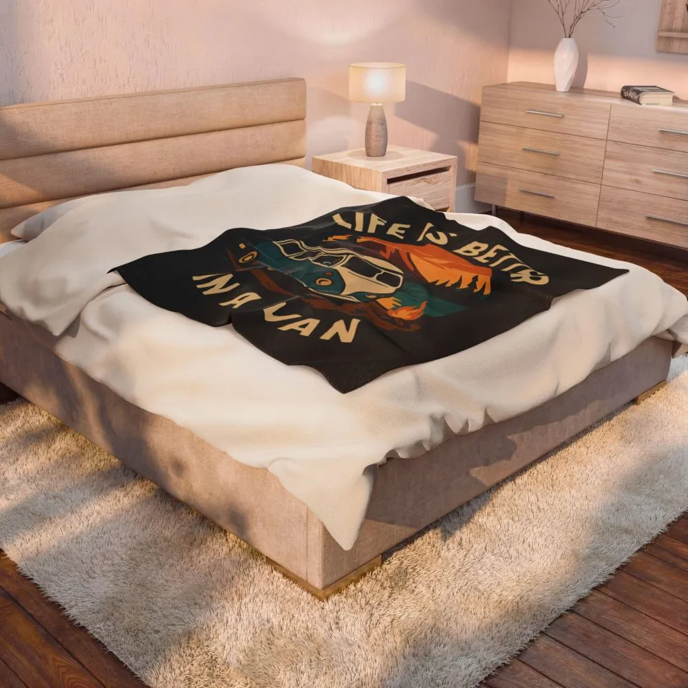 Velveteen Plush Blanket – "Life Is Better In A Van" Retro Campervan Camping Throw