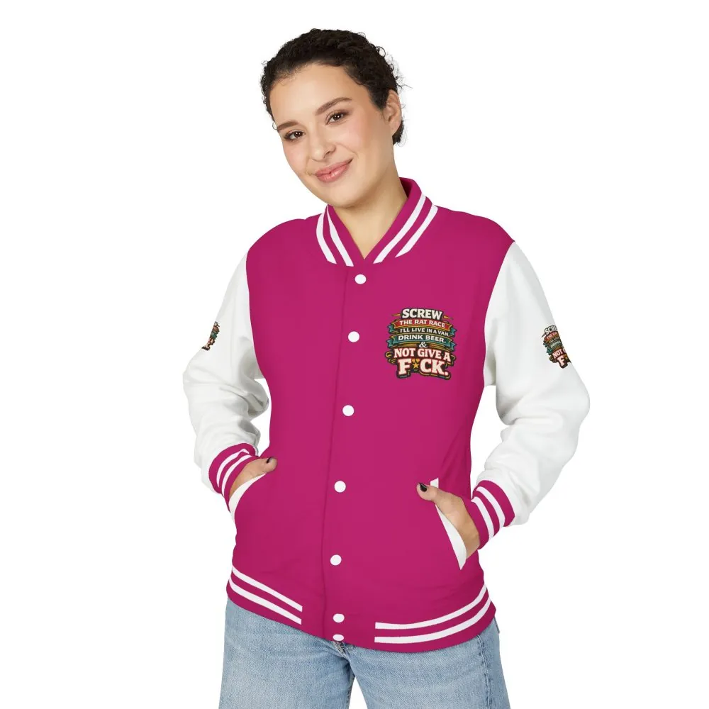 1094530747545924331_2048.jpeg Unisex Heavyweight Letterman Jacket — "Screw The Rat Race" Design F**K-Line
