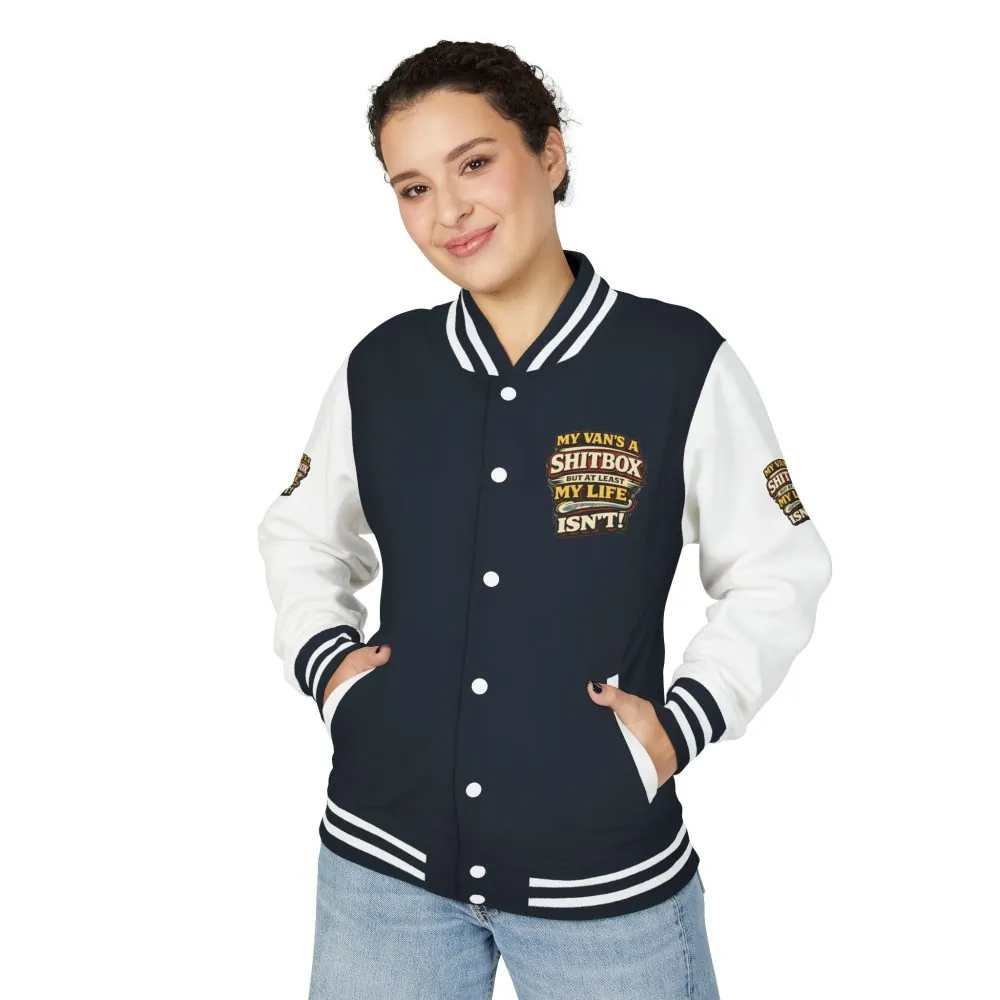 11596504052876867322_2048.jpeg Unisex Heavyweight Letterman Jacket — "My Van`s A Shitbox" Design F**K-Line