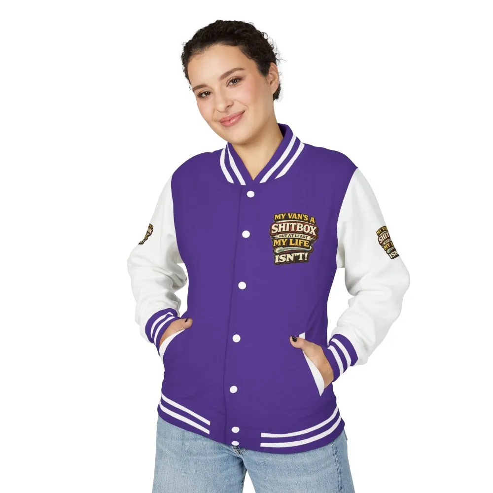 13138231160925817897_2048.jpeg Unisex Heavyweight Letterman Jacket — "My Van`s A Shitbox" Design F**K-Line