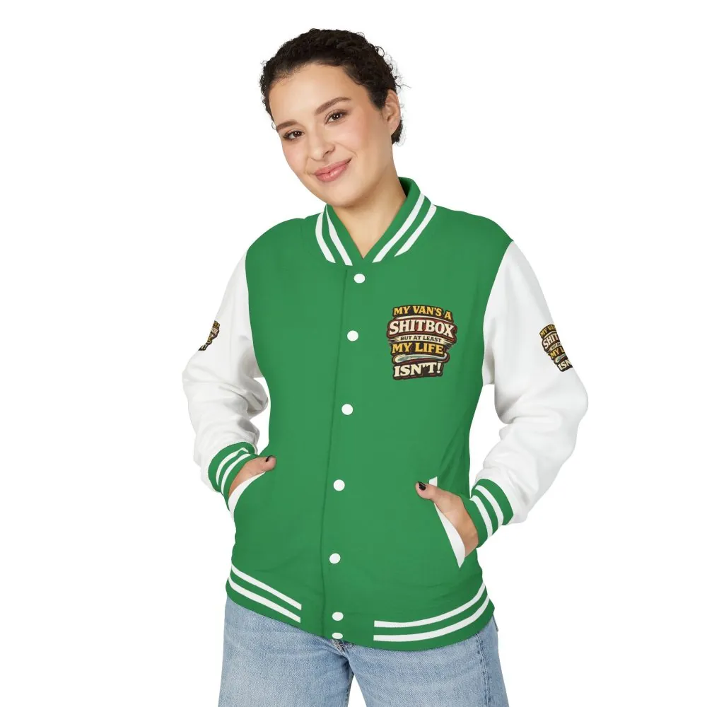 14133010858270724868_2048.jpeg Unisex Heavyweight Letterman Jacket — "My Van`s A Shitbox" Design F**K-Line