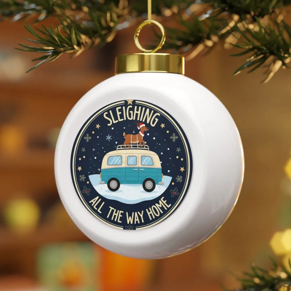 16435133316878094896_2048.jpeg Christmas Ornament - 'Sleighing All The Way Home' Holiday Glass Ball with Cozy Van & Poinsettia Design