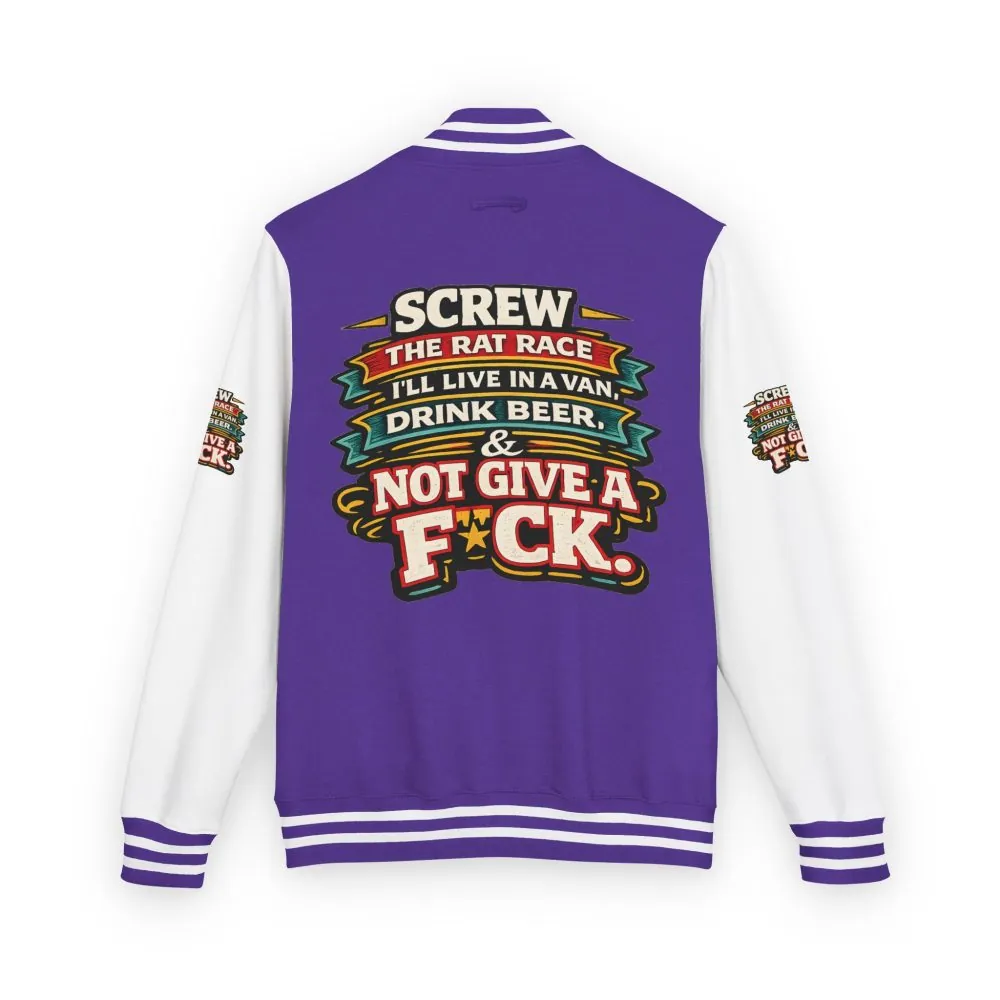 17211352019827935834_2048.jpeg Unisex Heavyweight Letterman Jacket — "Screw The Rat Race" Design F**K-Line