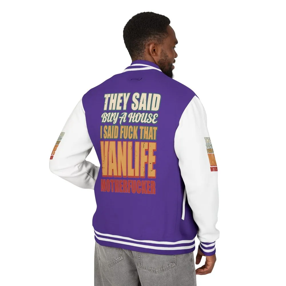 Unisex Heavyweight Letterman Jacket — "They Said Buy A House" Design F**K-Line