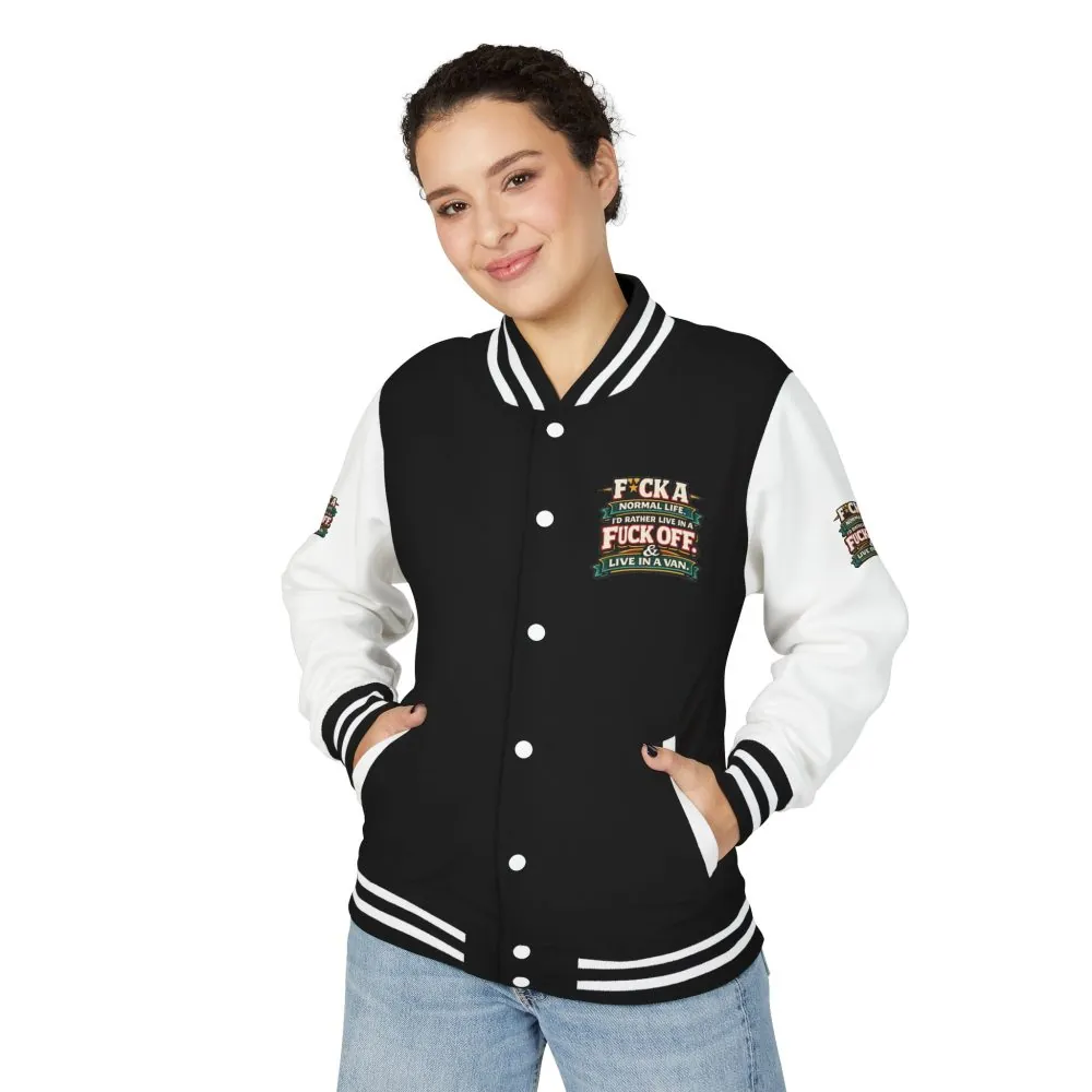 17679470601711170216_2048.jpeg Unisex Heavyweight Letterman Jacket — "Fuck A Normal Life" Design F**K-Line