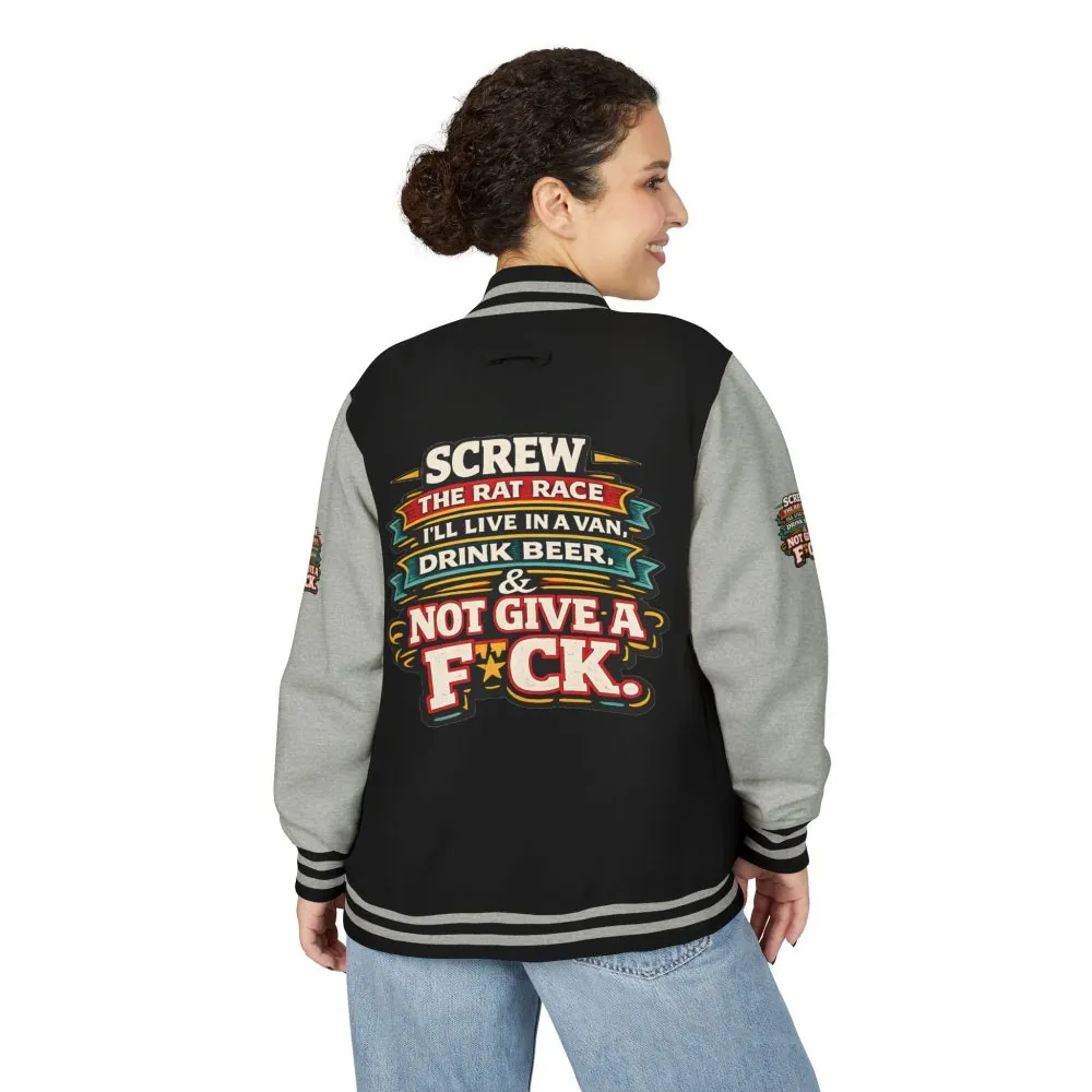 17858204105410076907_2048.jpeg Unisex Heavyweight Letterman Jacket — "Screw The Rat Race" Design F**K-Line